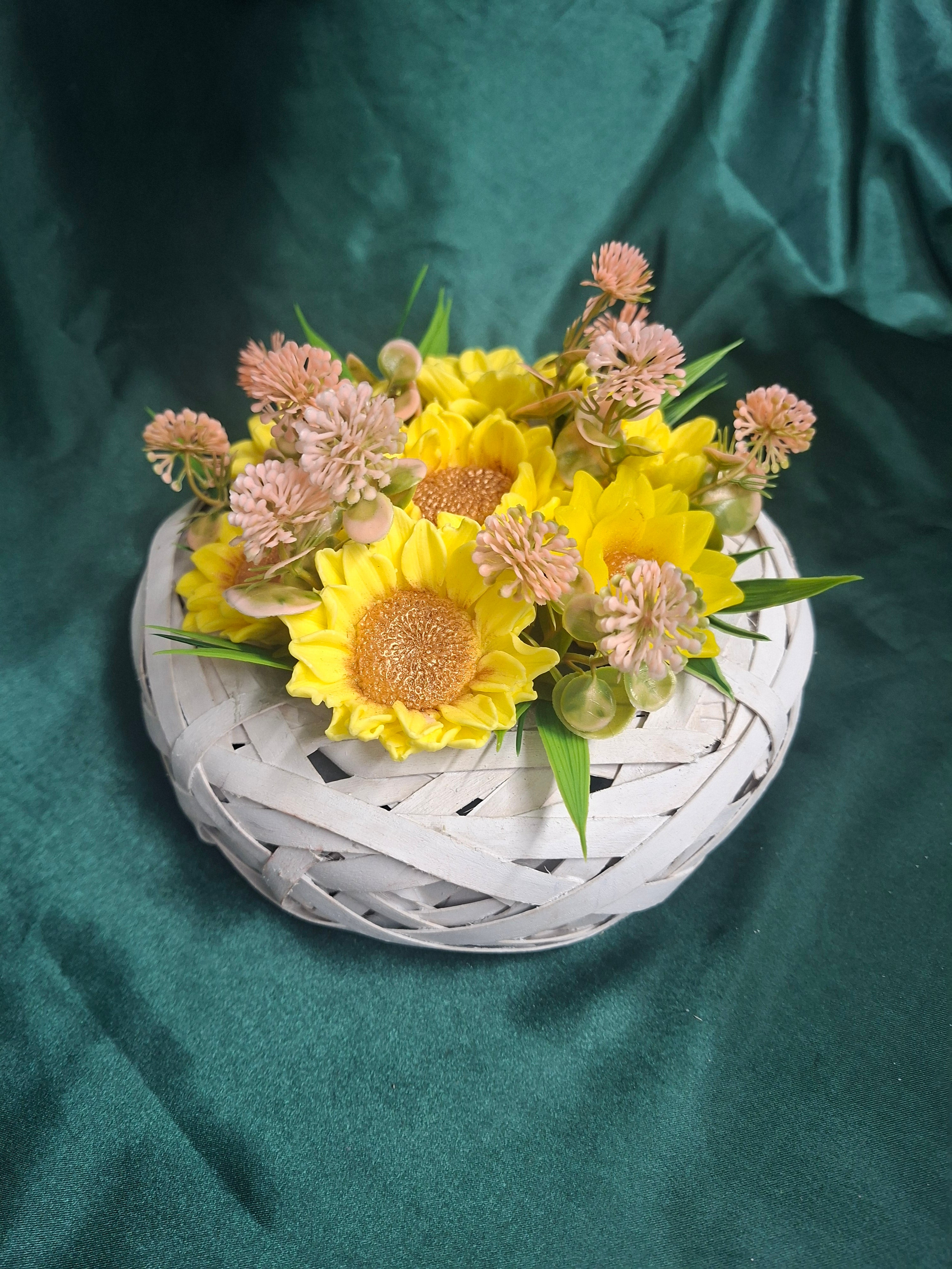 Yellow Sunflower Artificial Flower Basket Arrangement in a Woven Basket