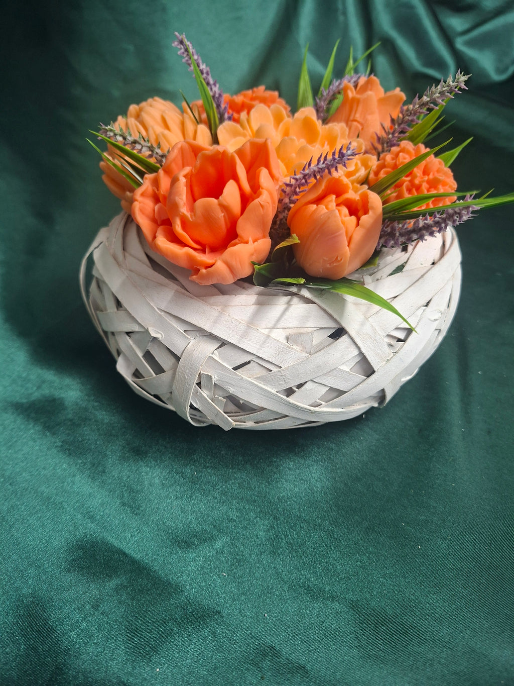 Artificial Orange Tulips And Lavender In White Woven Basket Arrangement