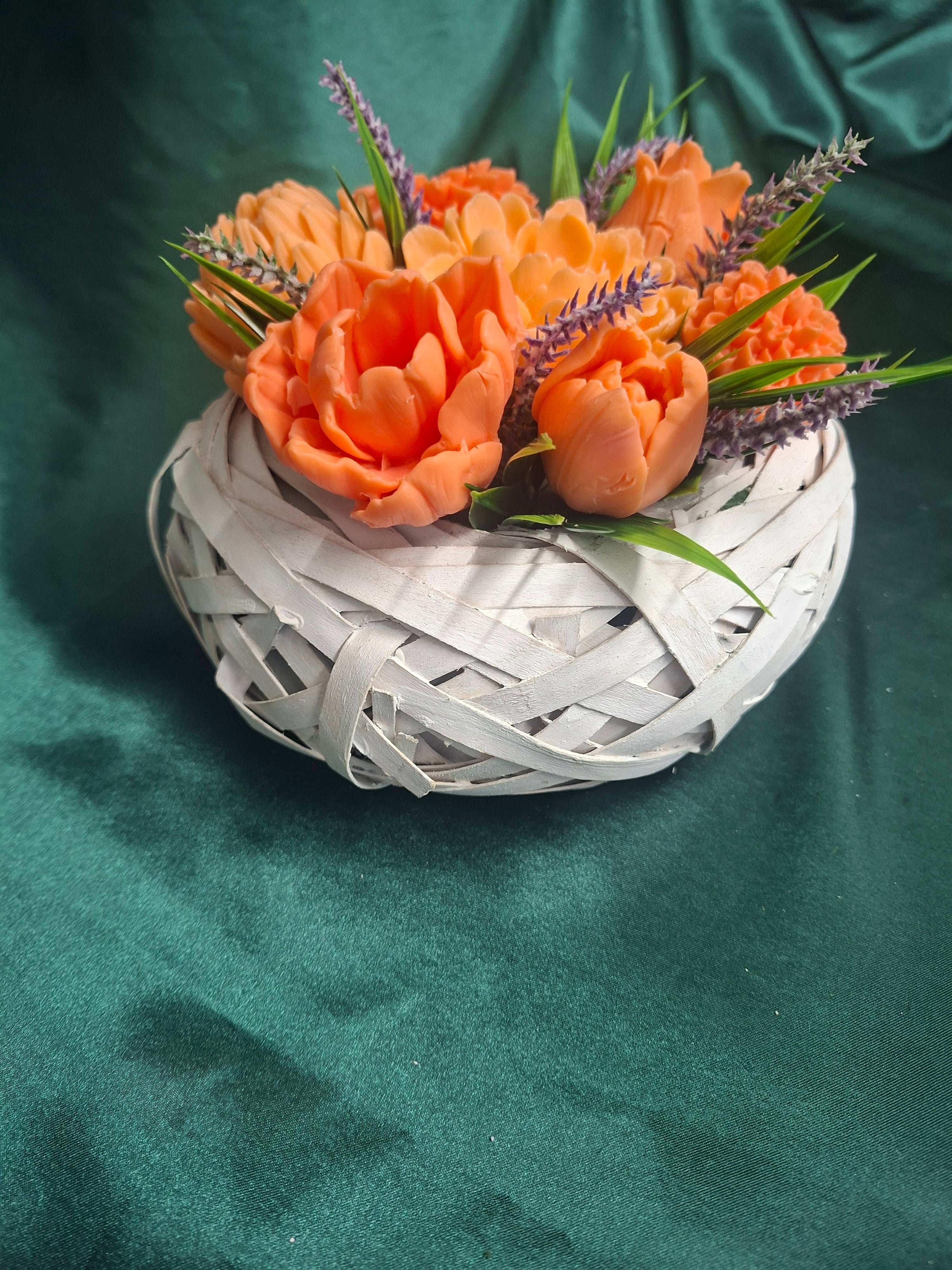 Artificial Orange Tulips And Lavender In White Woven Basket Arrangement