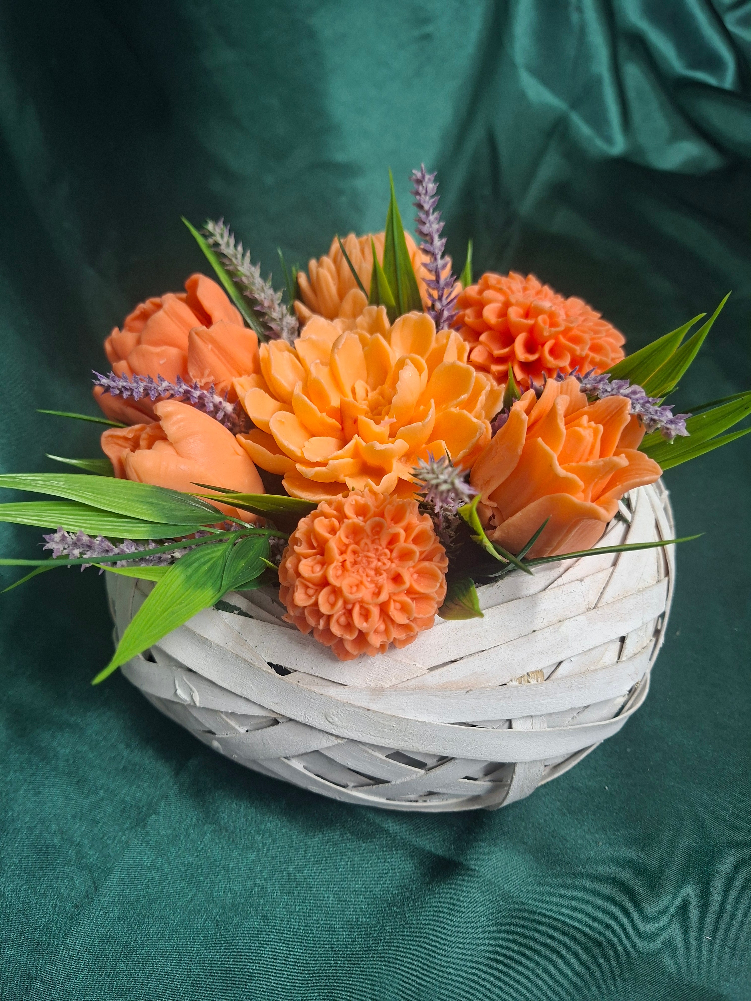 Artificial Orange Tulips And Lavender In White Woven Basket Arrangement