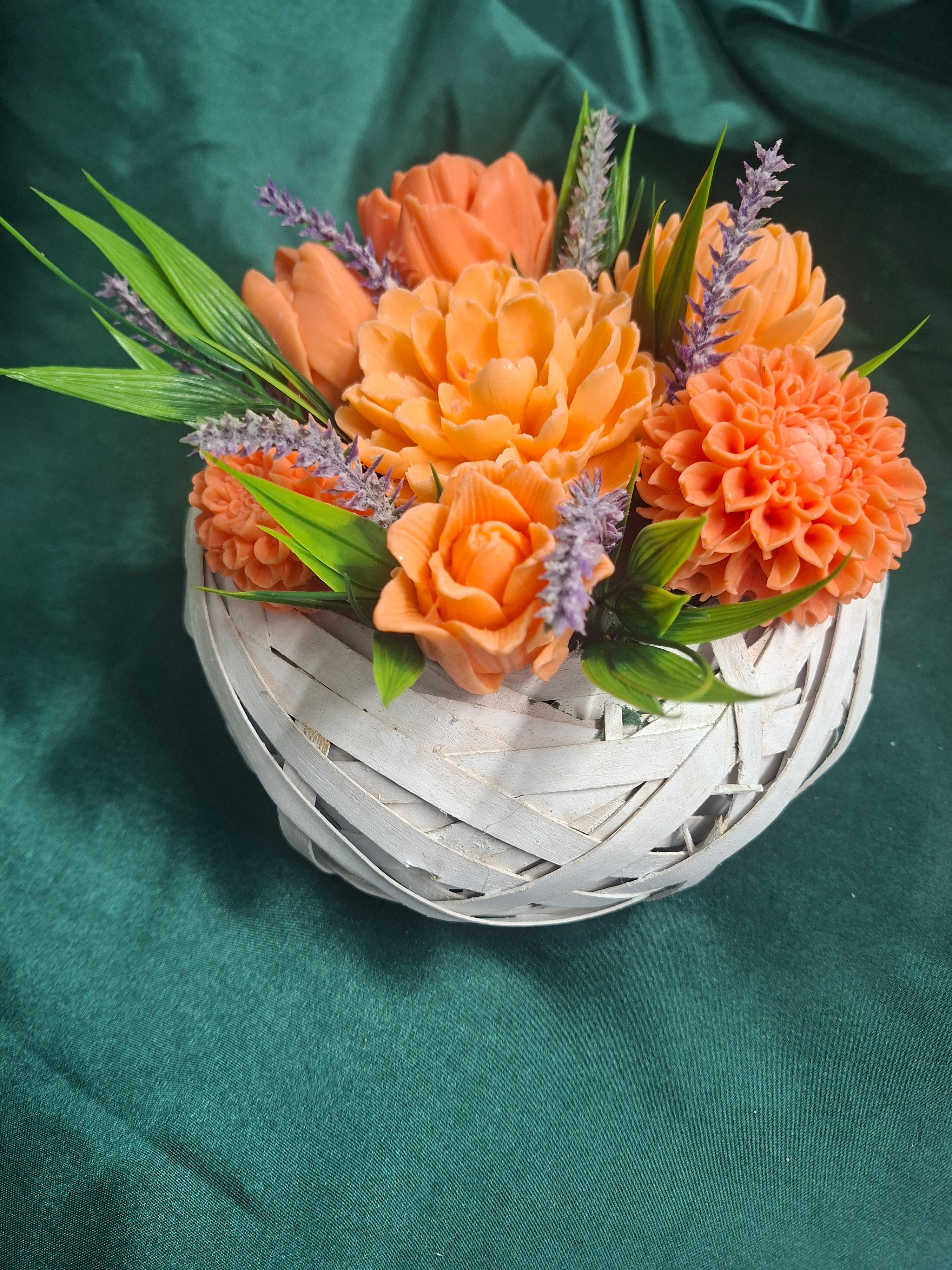 Artificial Orange Tulips And Lavender In White Woven Basket Arrangement