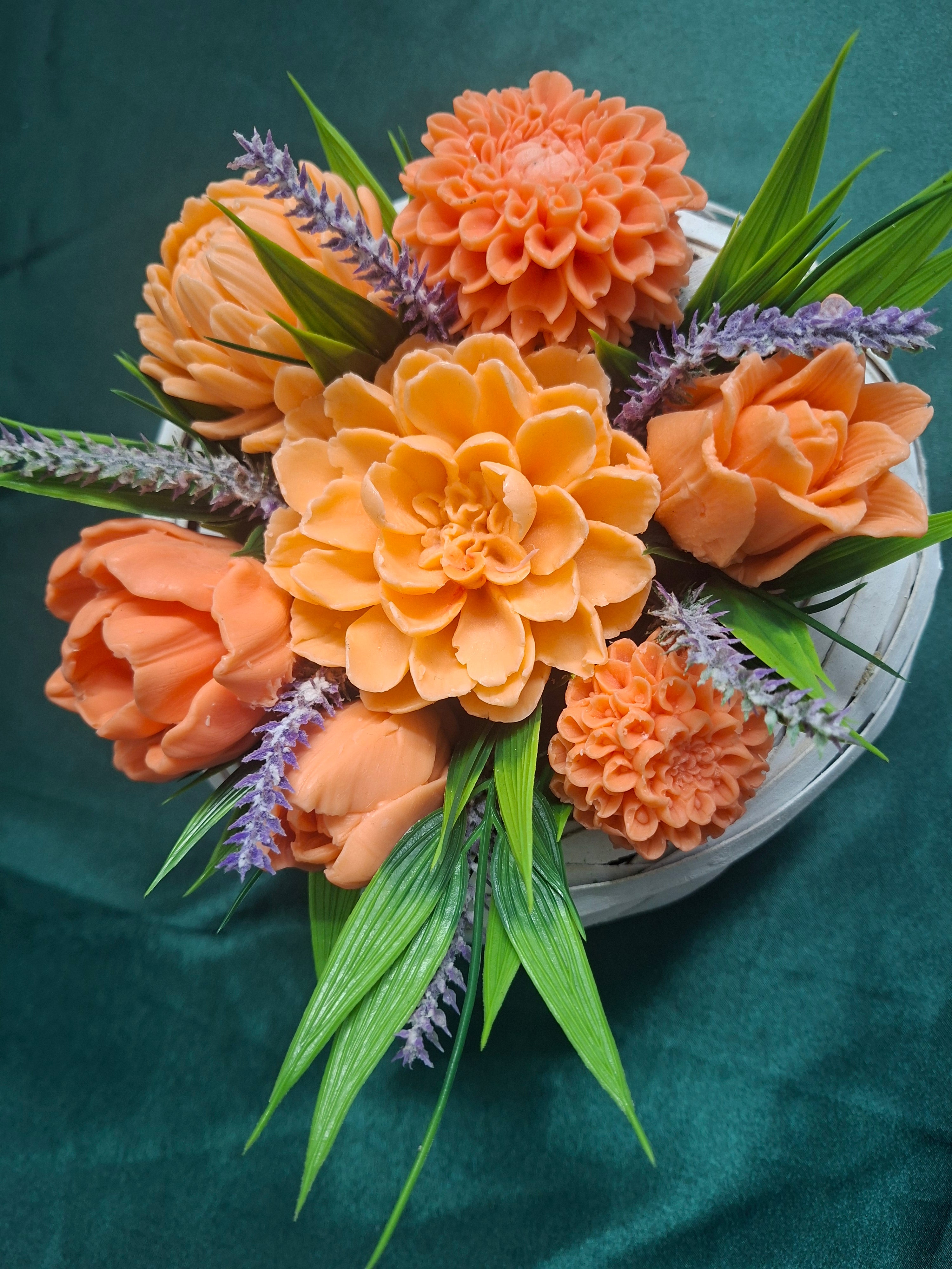 Artificial Orange Tulips And Lavender In White Woven Basket Arrangement