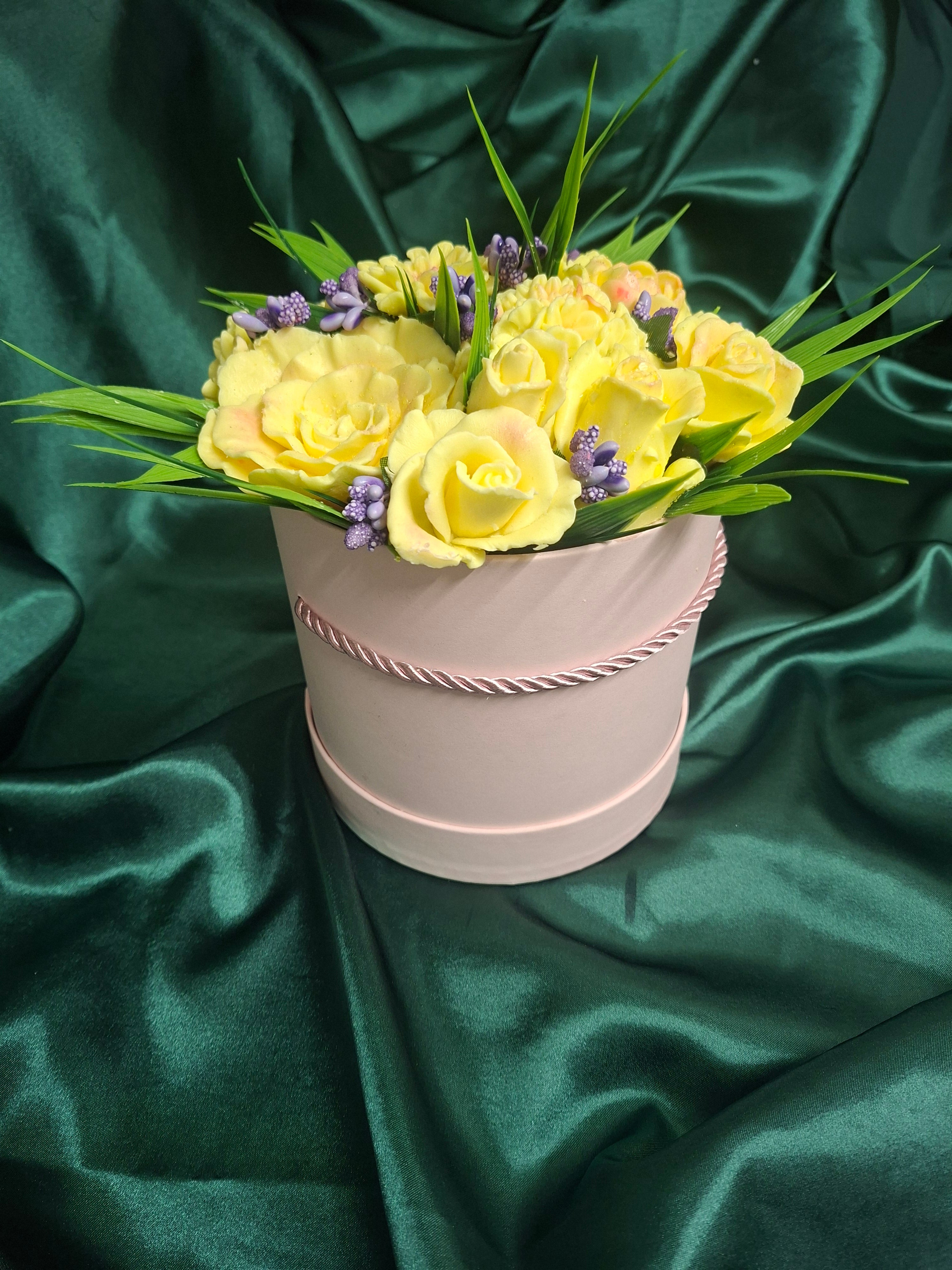 Yellow Rose Bouquet In Elegant Pink Gift Box With Ribbon