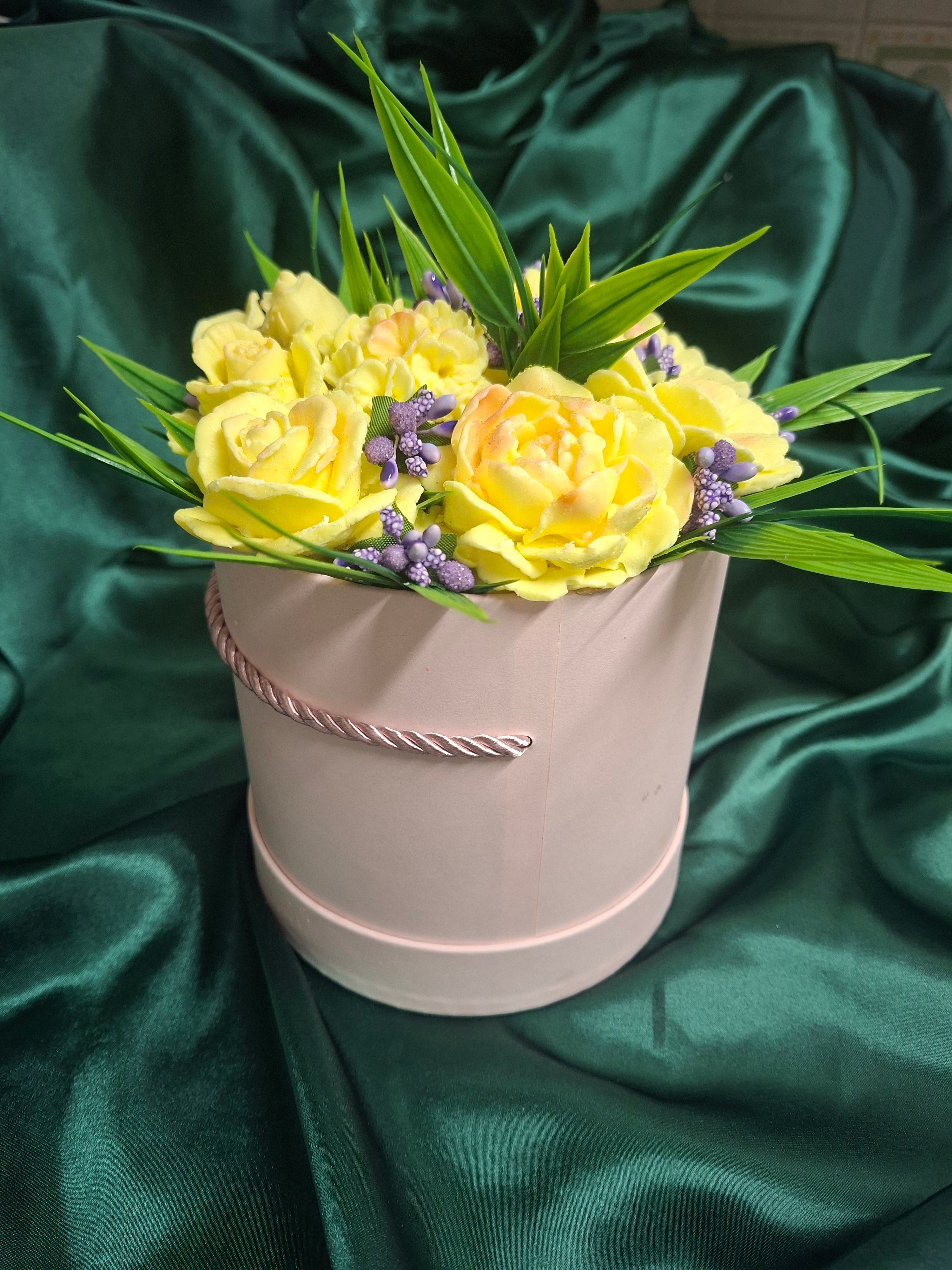 Yellow Rose Bouquet In Elegant Pink Gift Box With Ribbon