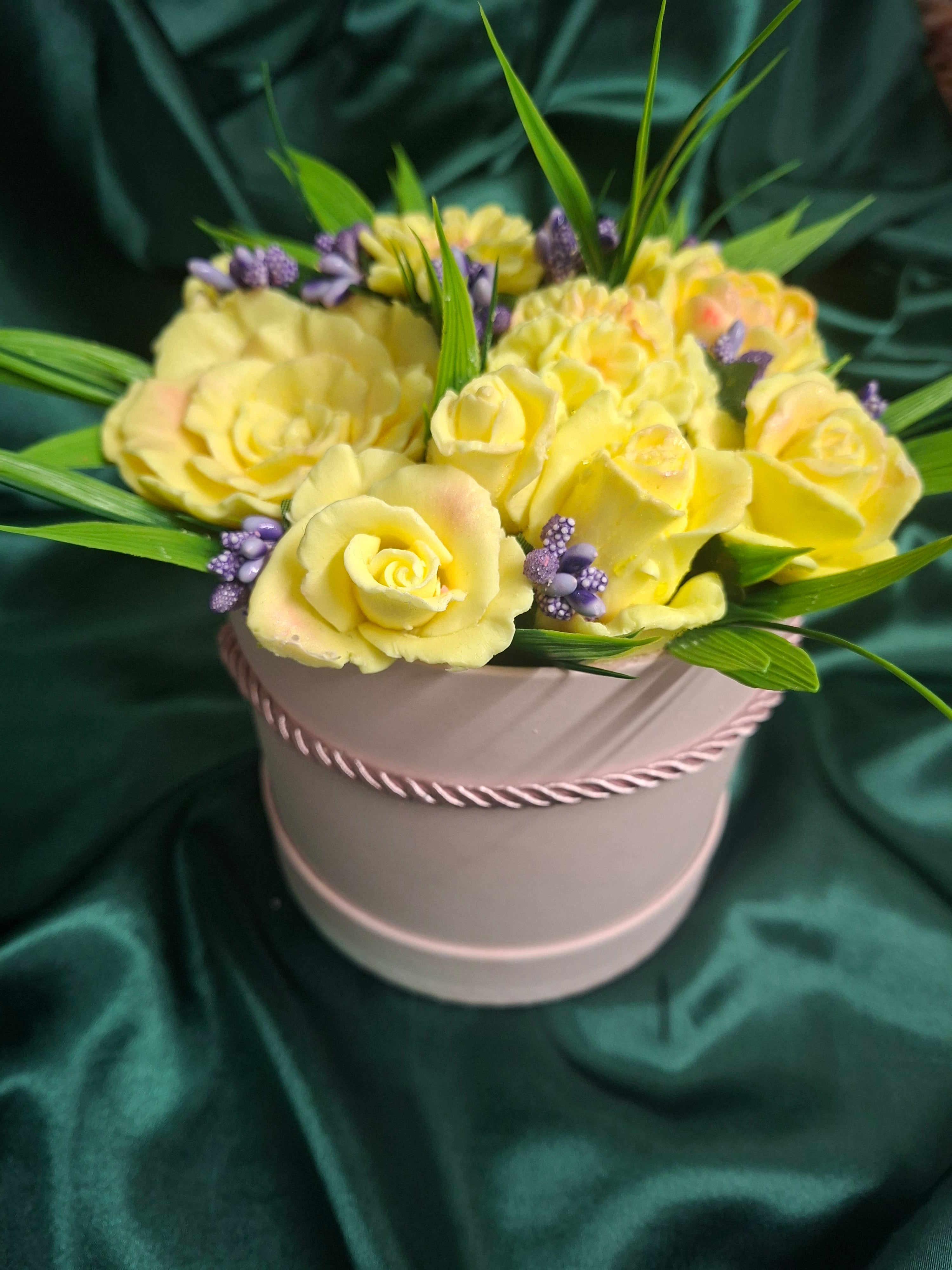 Yellow Rose Bouquet In Elegant Pink Gift Box With Ribbon