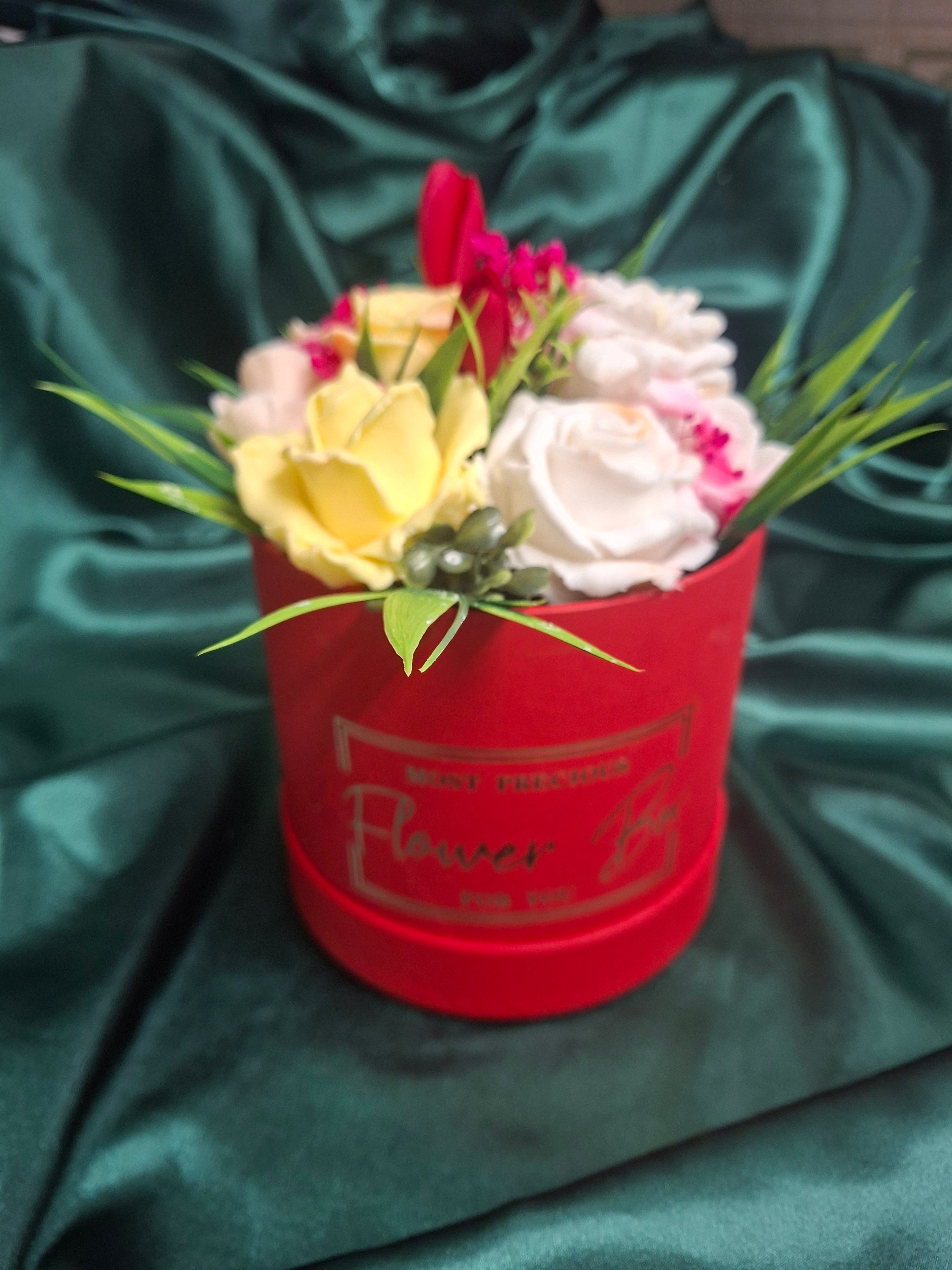 Red Flower Box Gift With Fresh Cut Flowers Arrangement For Any Occasion