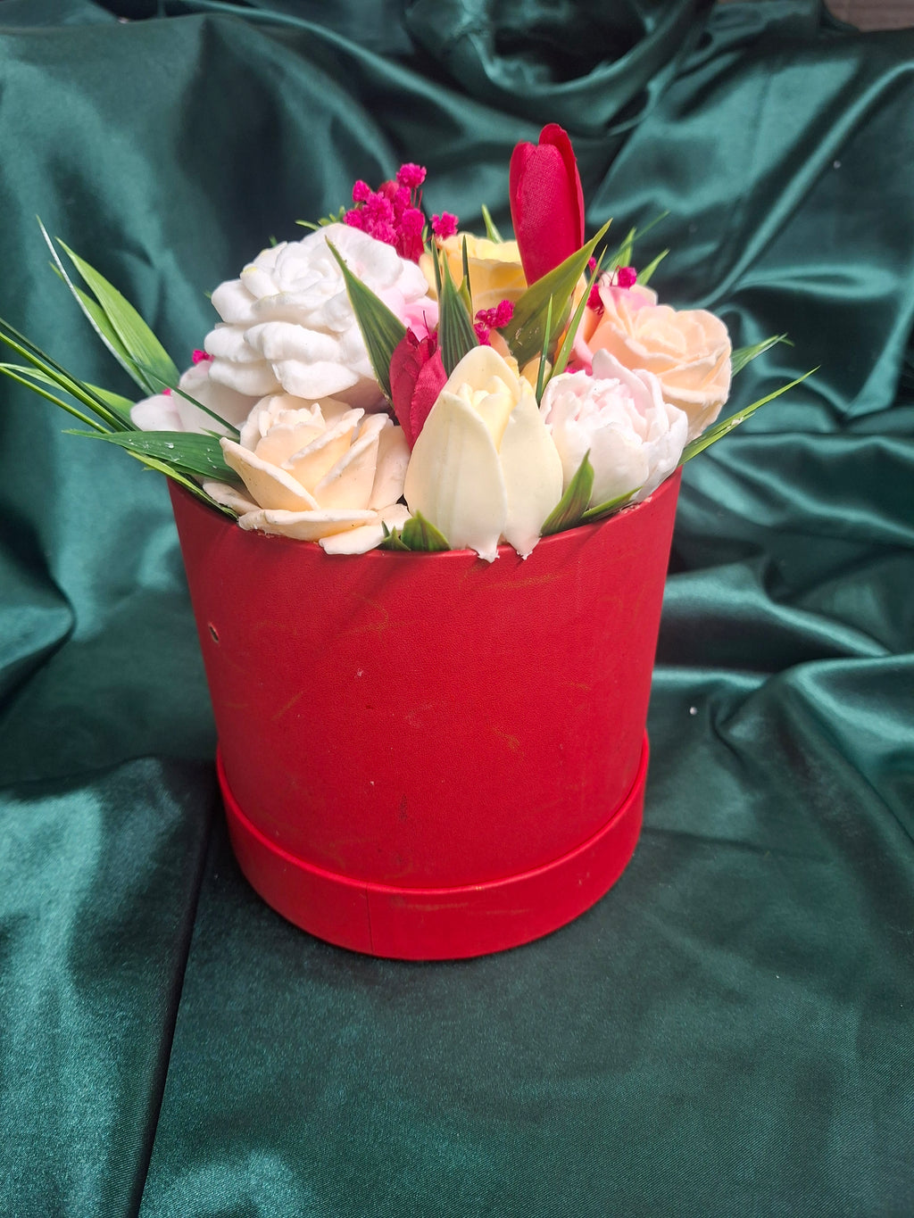 Red Flower Box Gift With Fresh Cut Flowers Arrangement For Any Occasion