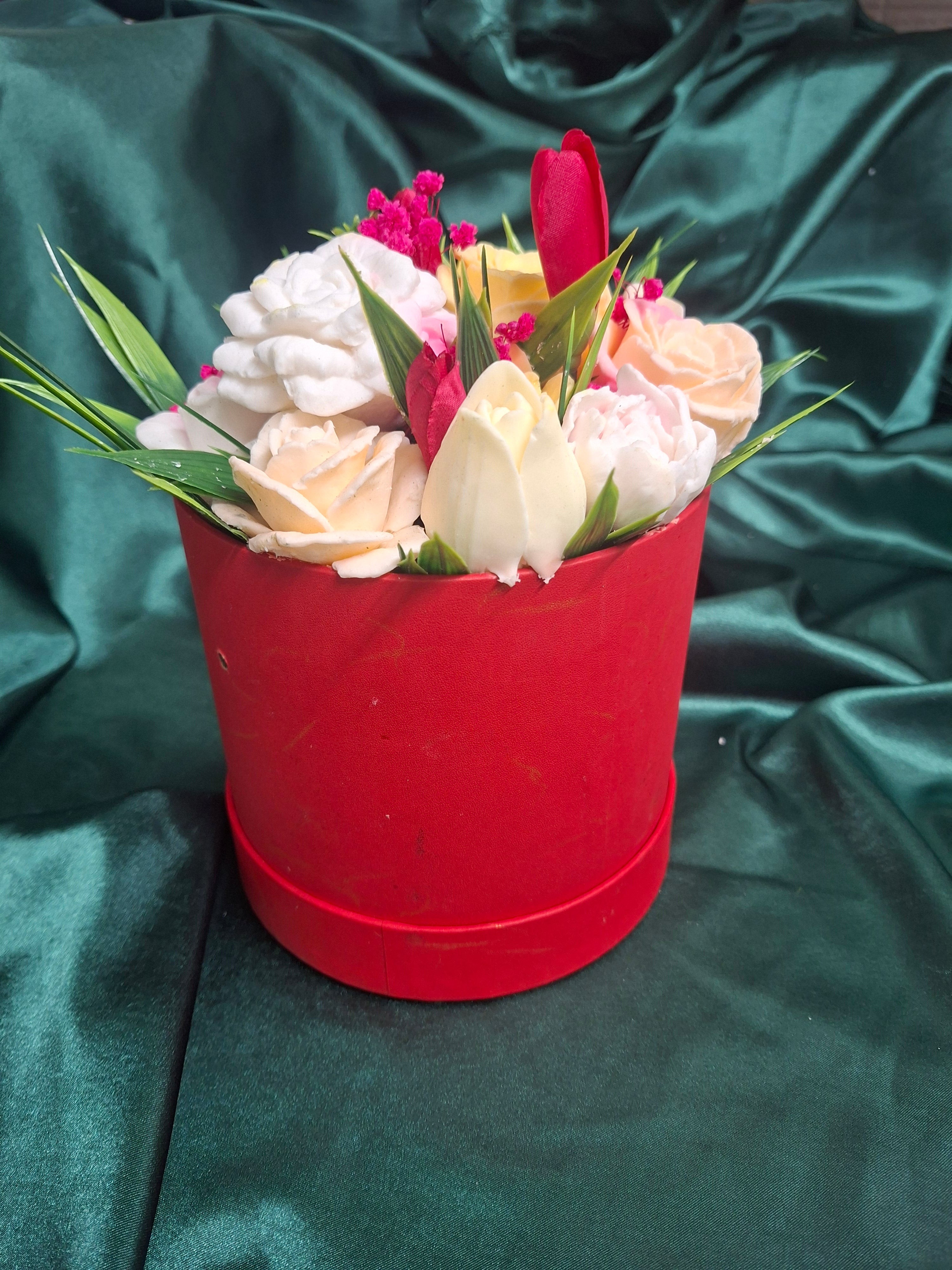 Red Flower Box Gift With Fresh Cut Flowers Arrangement For Any Occasion