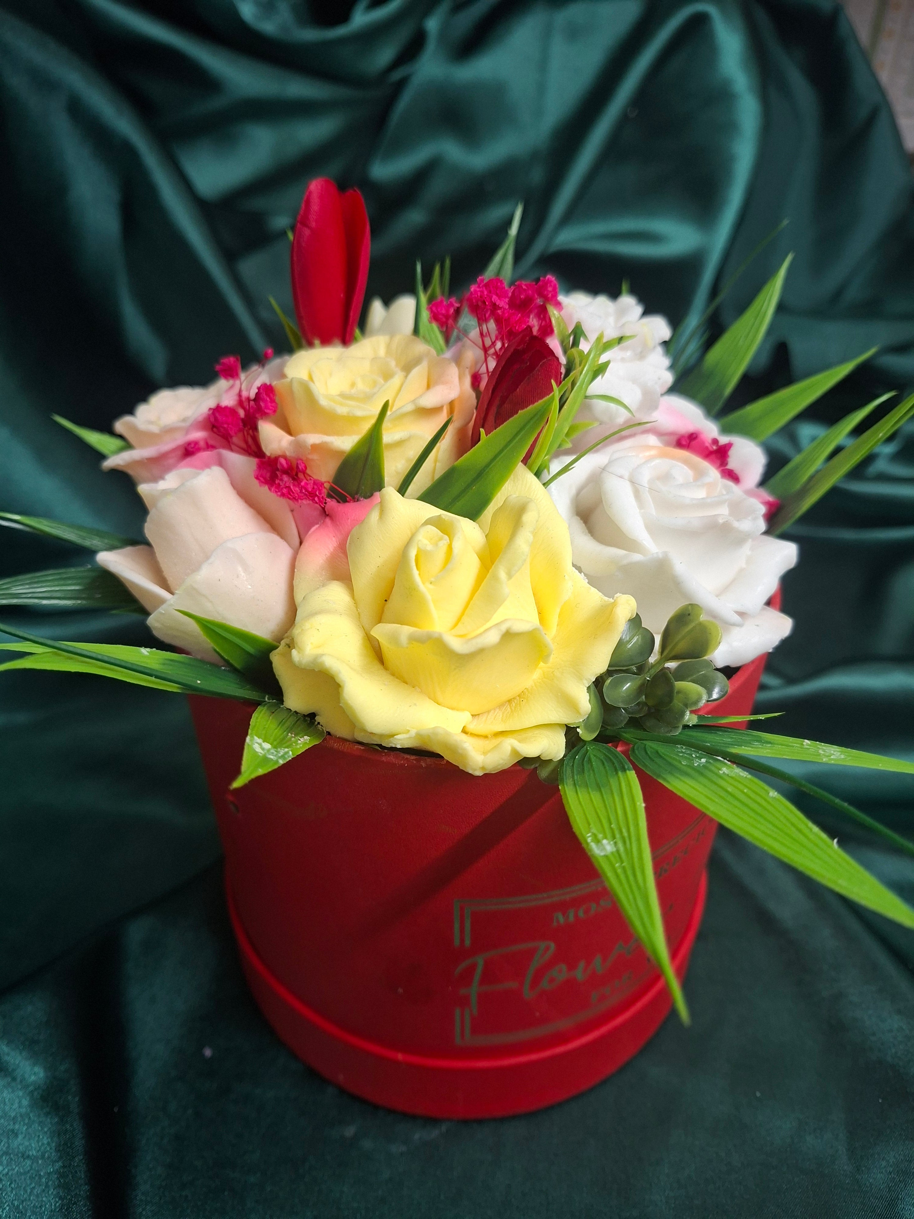 Red Flower Box Gift With Fresh Cut Flowers Arrangement For Any Occasion