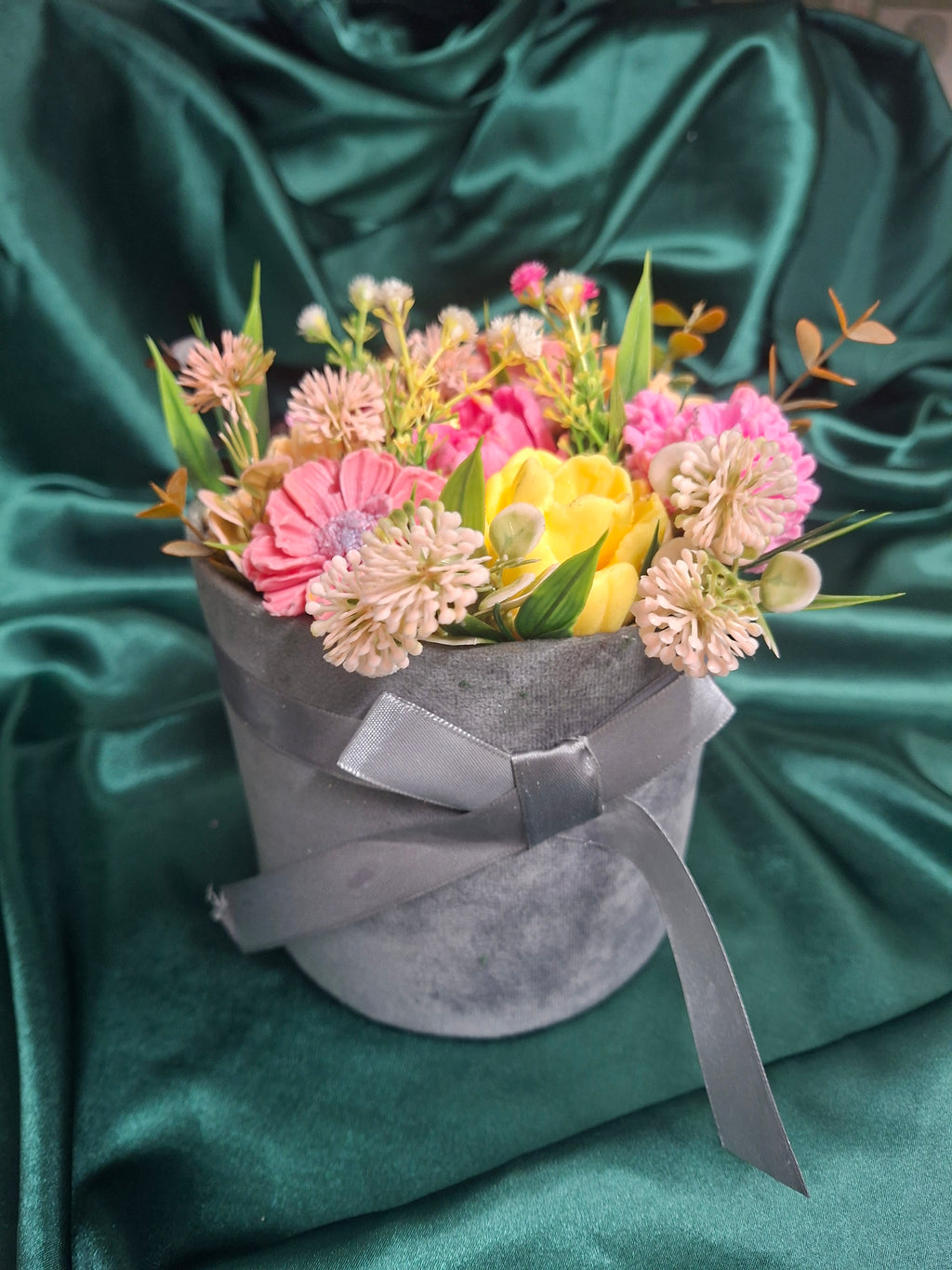 Gray Hat Box Floral Arrangement Gift Box With Pink And Yellow Blooms