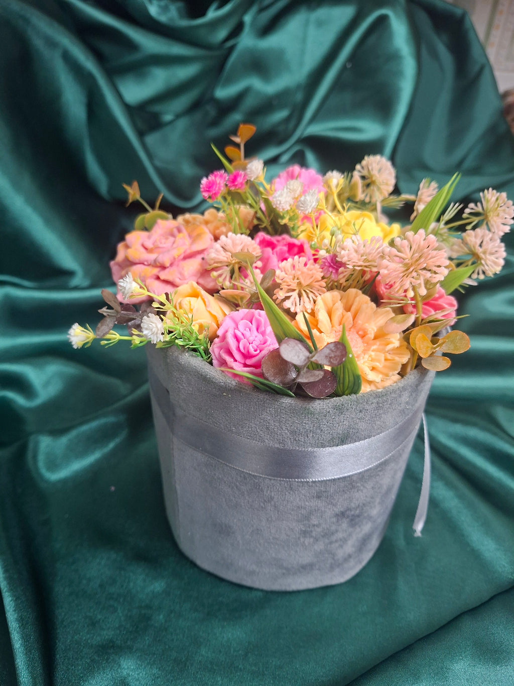 Gray Hat Box Floral Arrangement Gift Box With Pink And Yellow Blooms