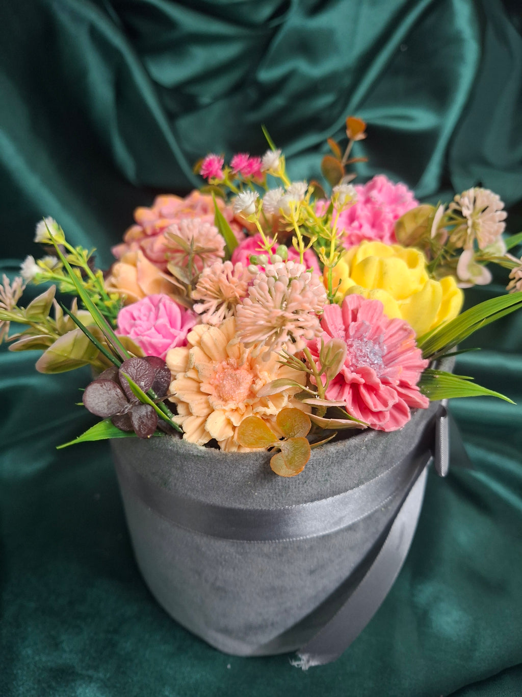 Gray Hat Box Floral Arrangement Gift Box With Pink And Yellow Blooms