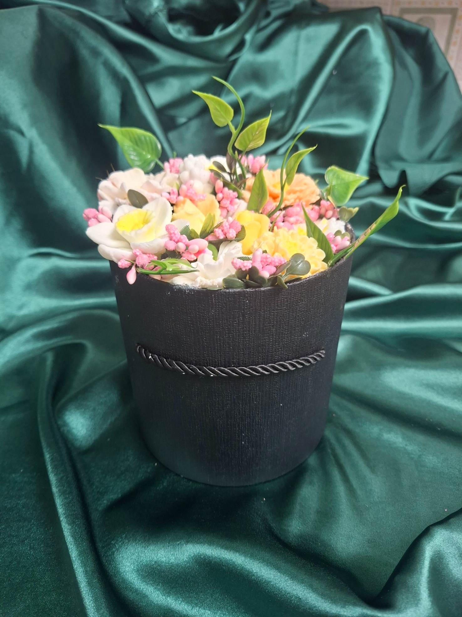 Black Cylinder Flower Box With Artificial Floral Arrangement
