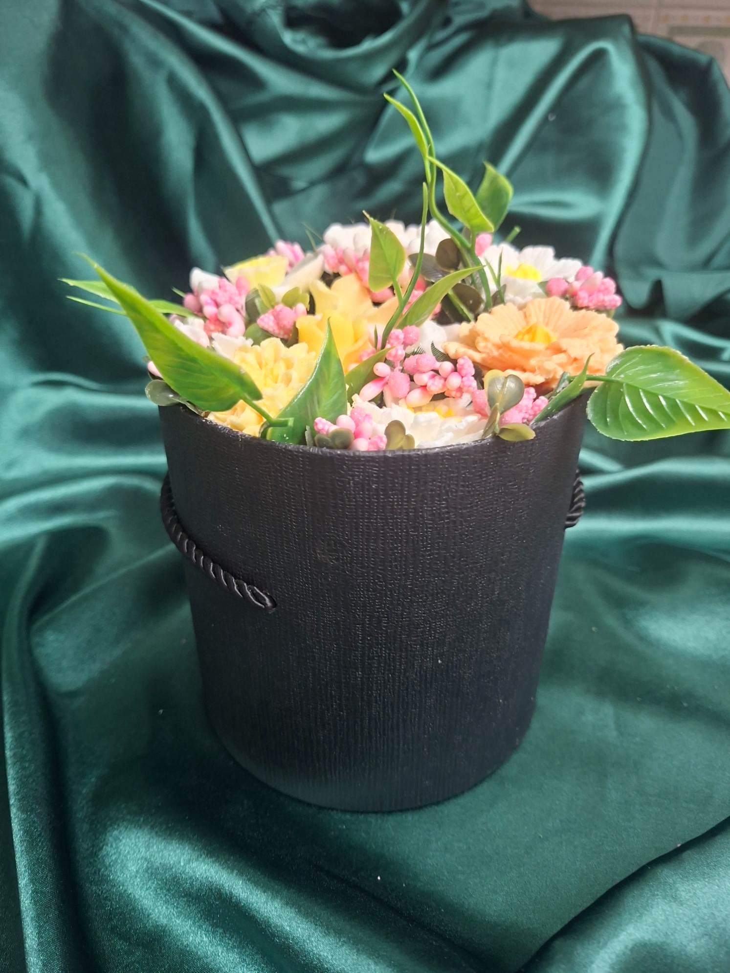 Black Cylinder Flower Box With Artificial Floral Arrangement