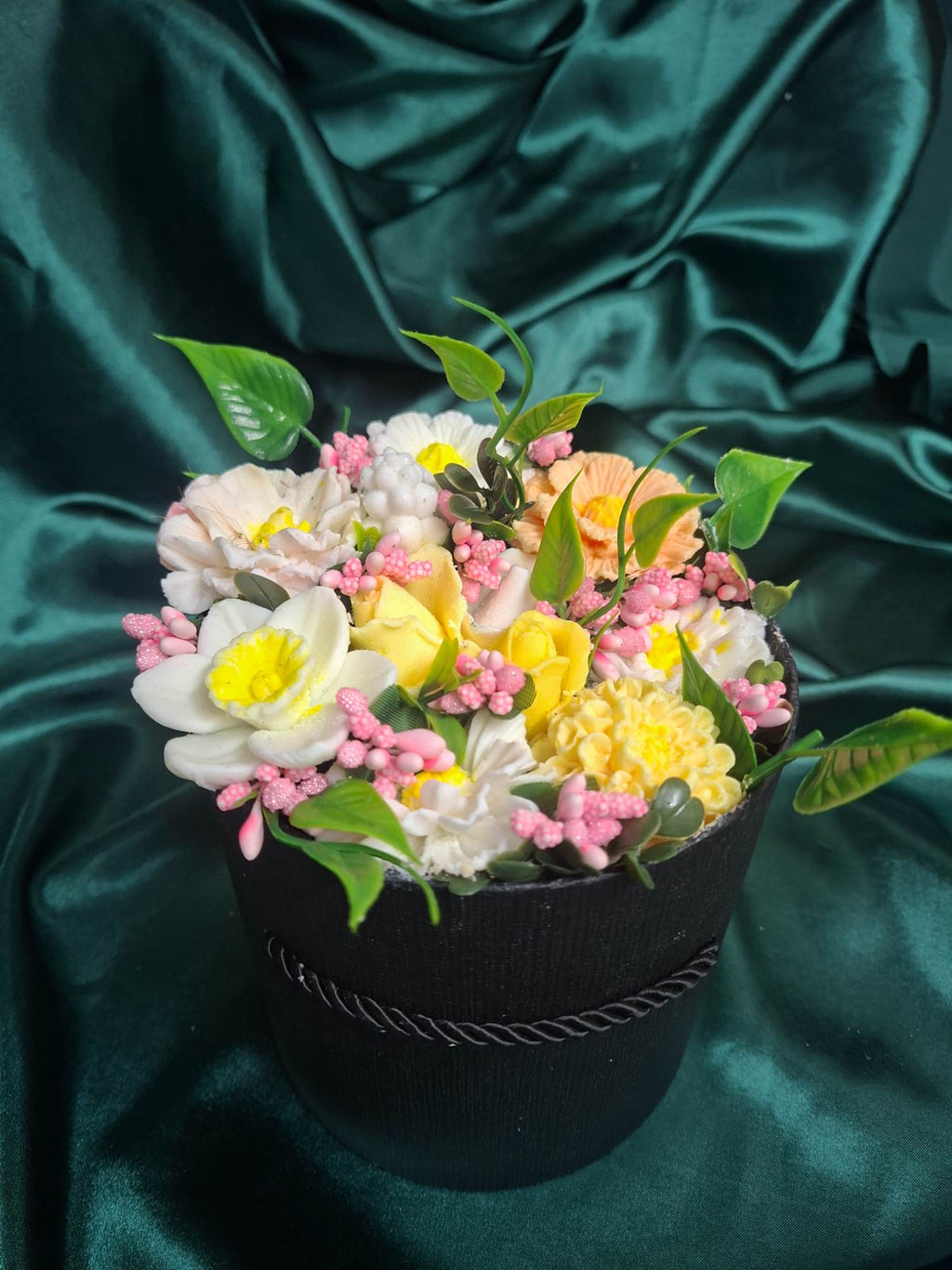 Black Cylinder Flower Box With Artificial Floral Arrangement