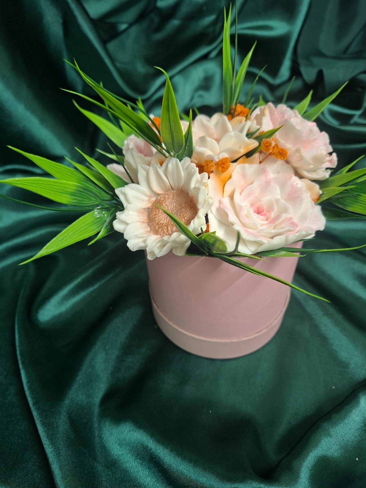 Artificial Flower Bouquet In Pink Box Gift Container With Roses And Daisies