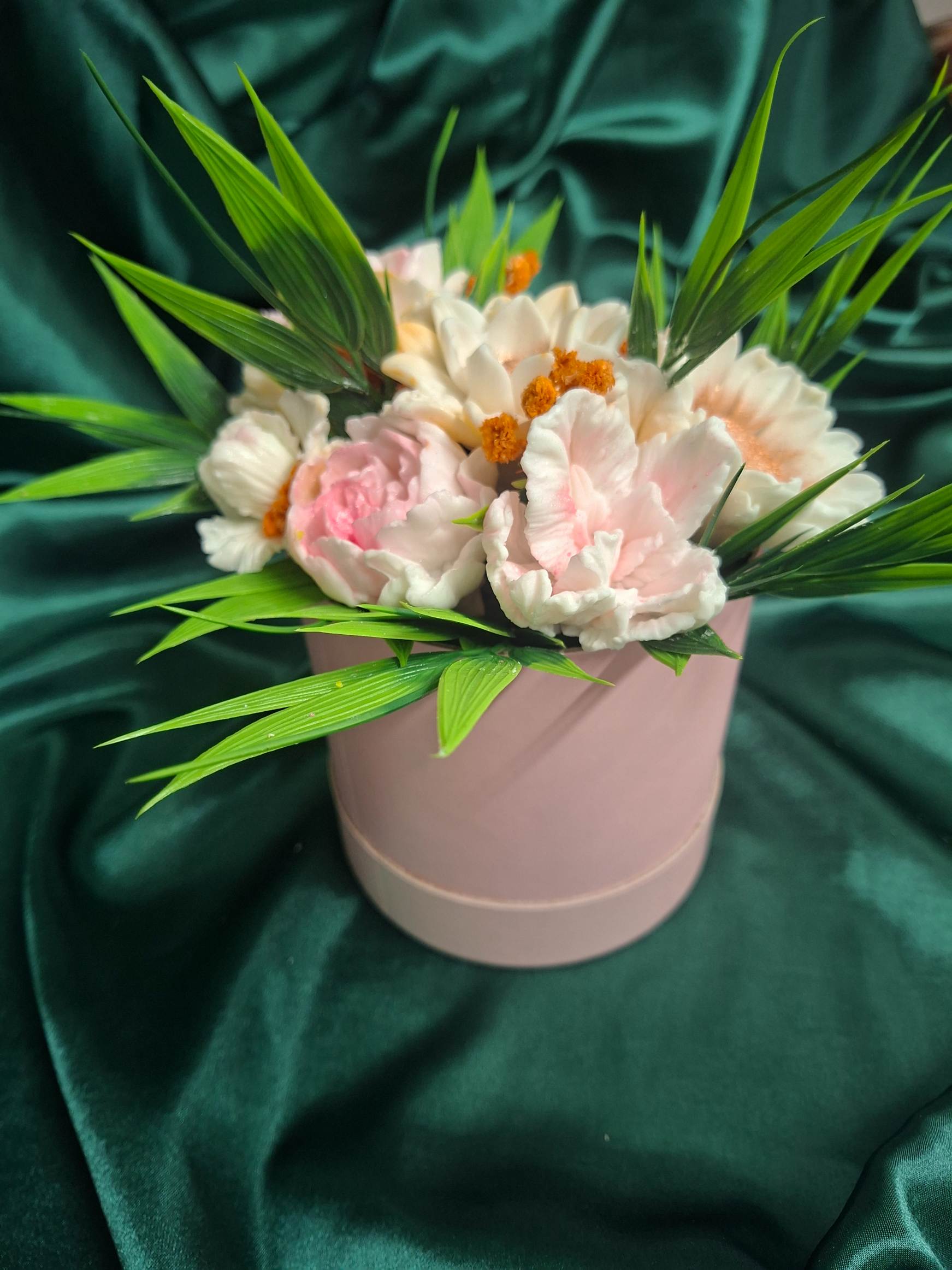 Artificial Flower Bouquet In Pink Box Gift Container With Roses And Daisies