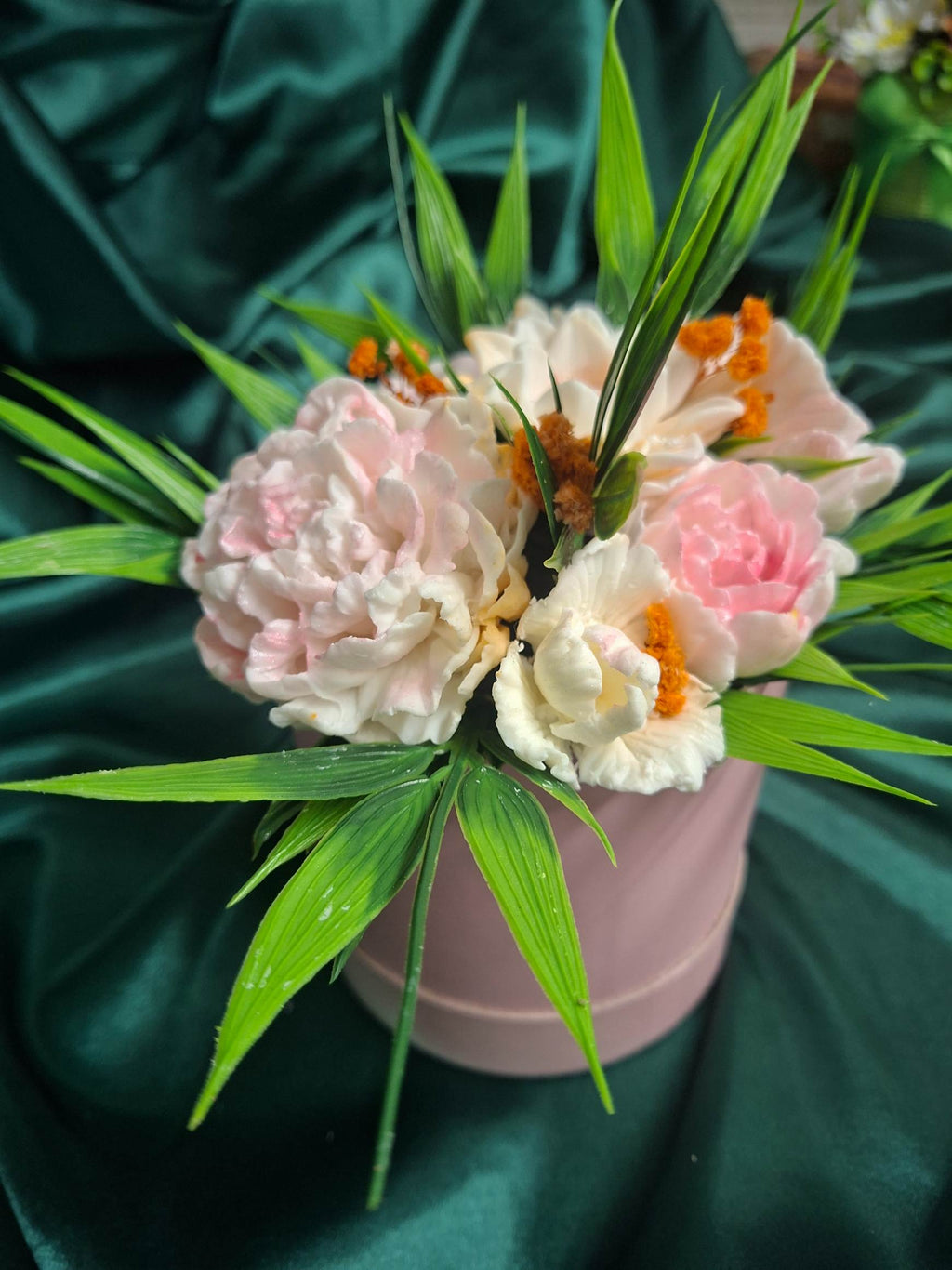 Artificial Flower Bouquet In Pink Box Gift Container With Roses And Daisies