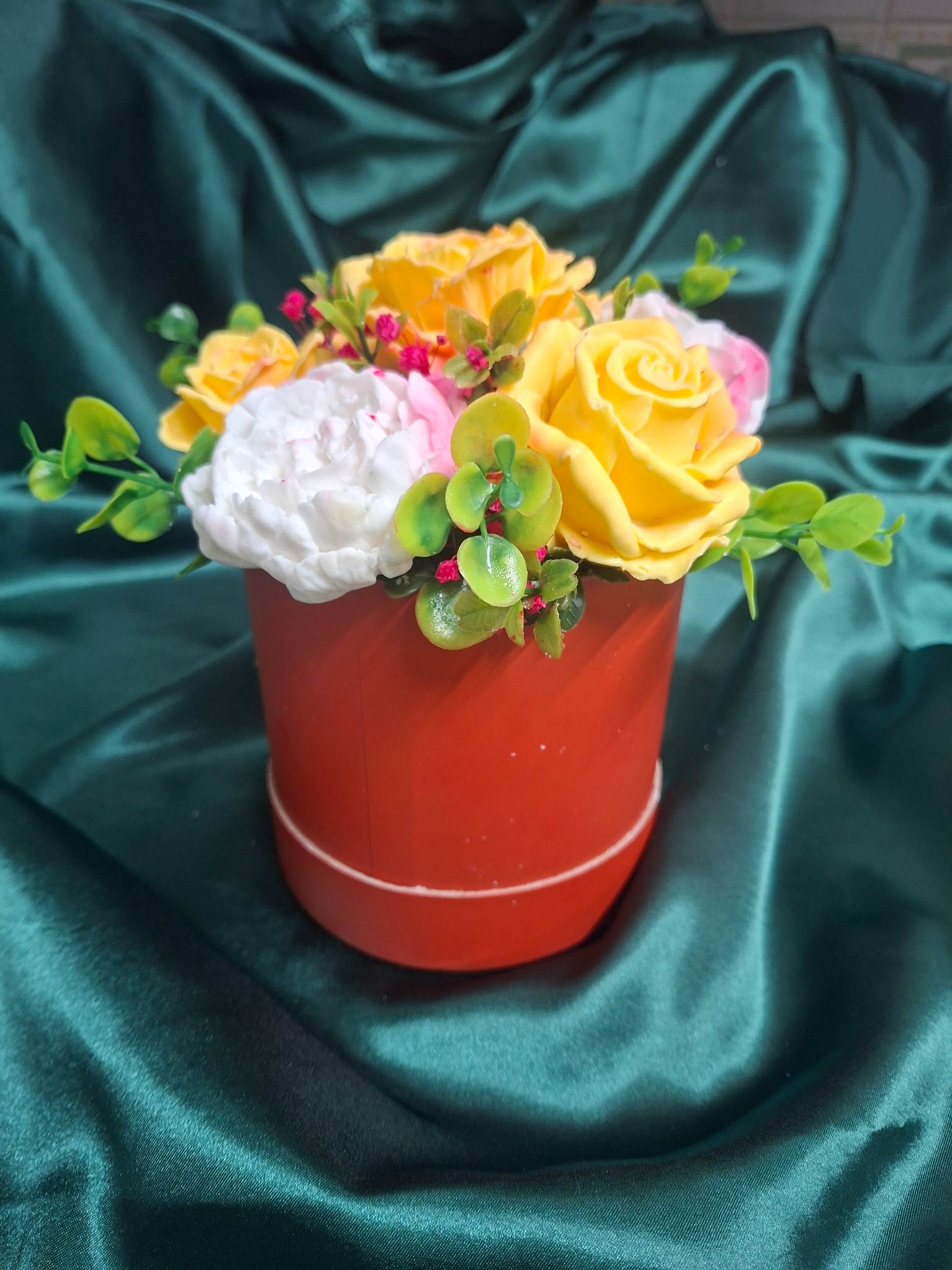 Artificial Yellow Rose And White Peony Bouquet In Red Hat Box