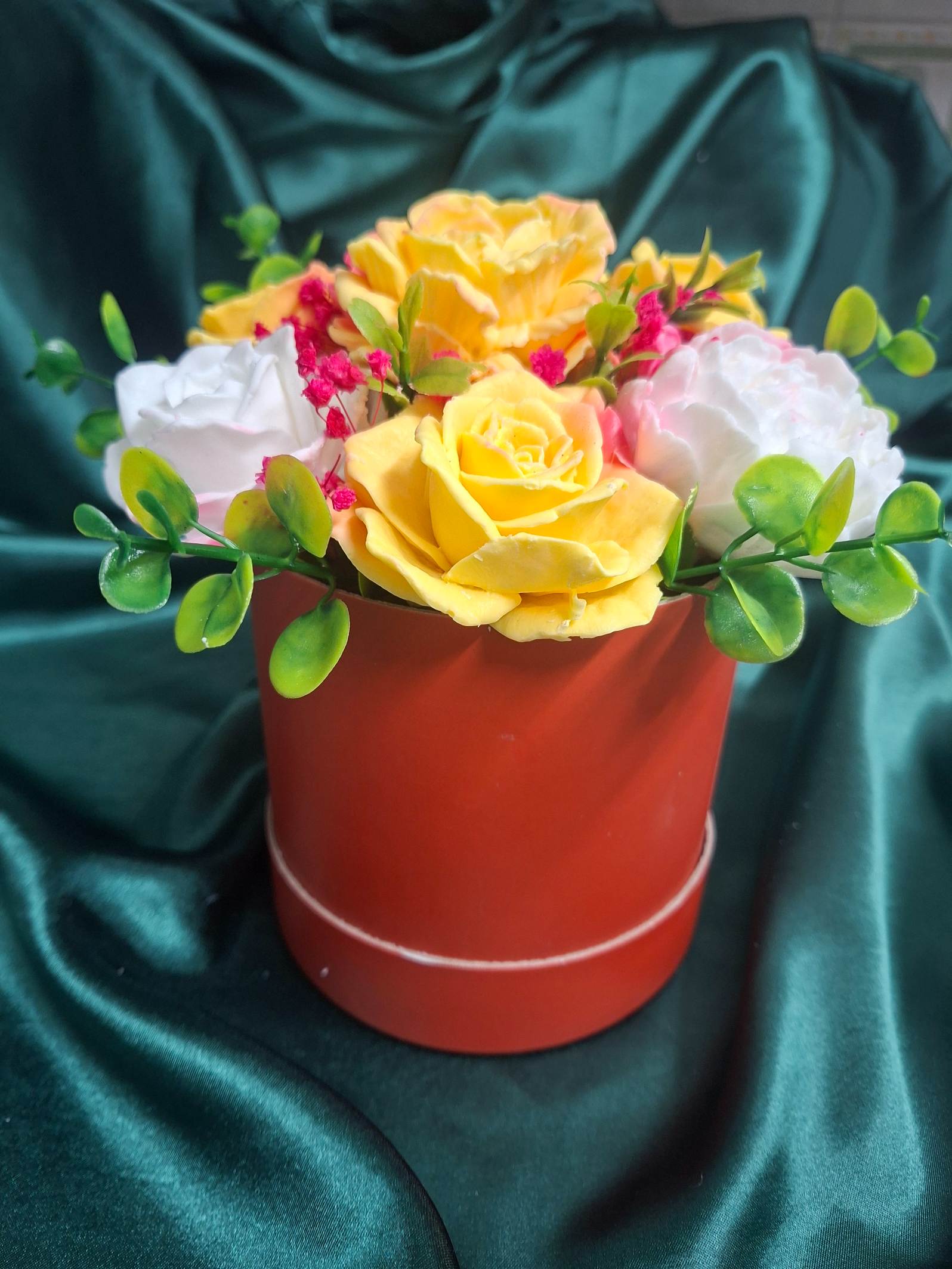 Artificial Yellow Rose And White Peony Bouquet In Red Hat Box