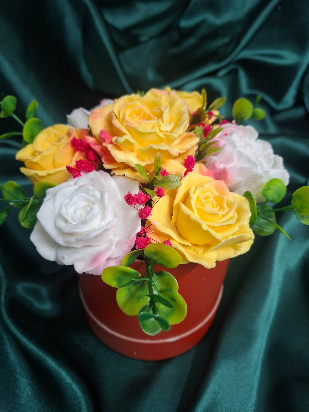 Artificial Yellow Rose And White Peony Bouquet In Red Hat Box