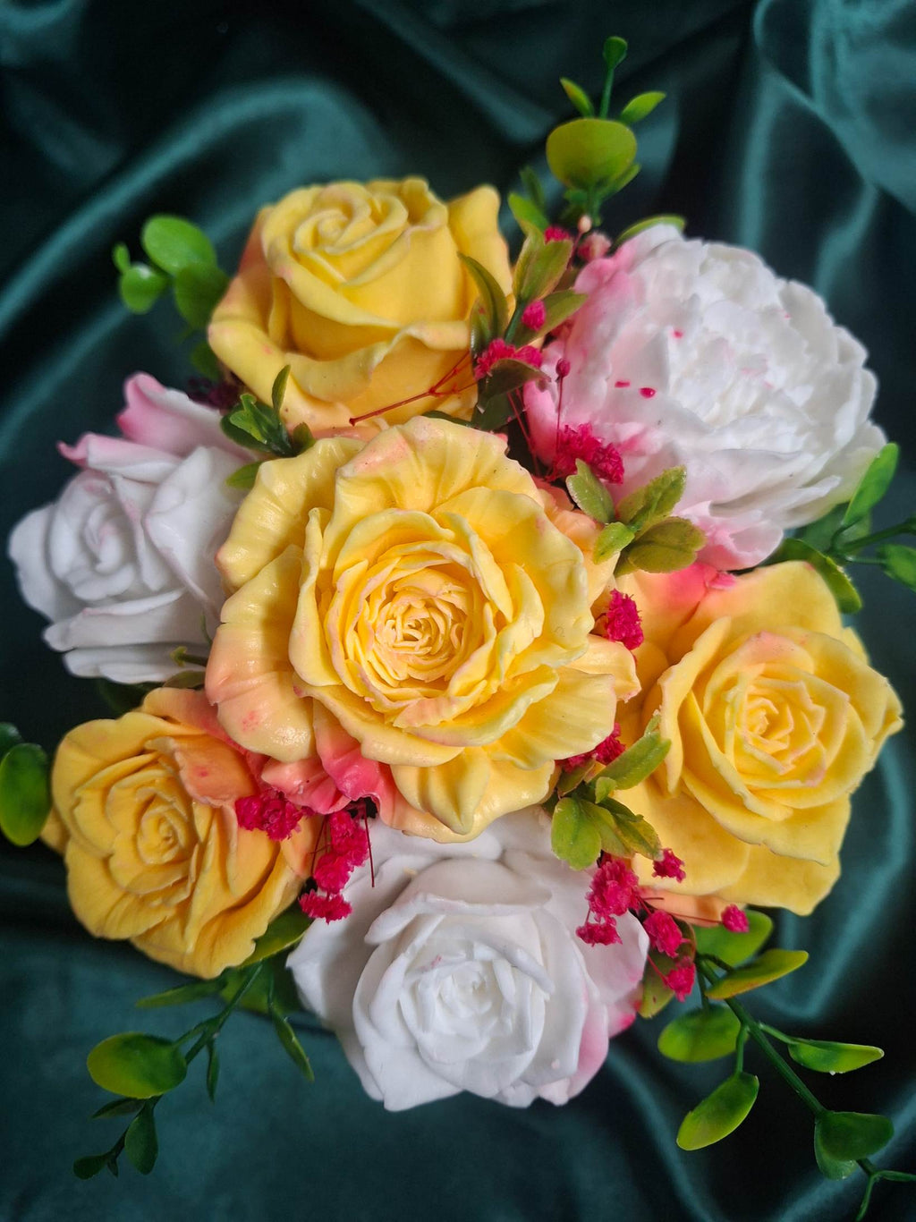 Artificial Yellow Rose And White Peony Bouquet In Red Hat Box