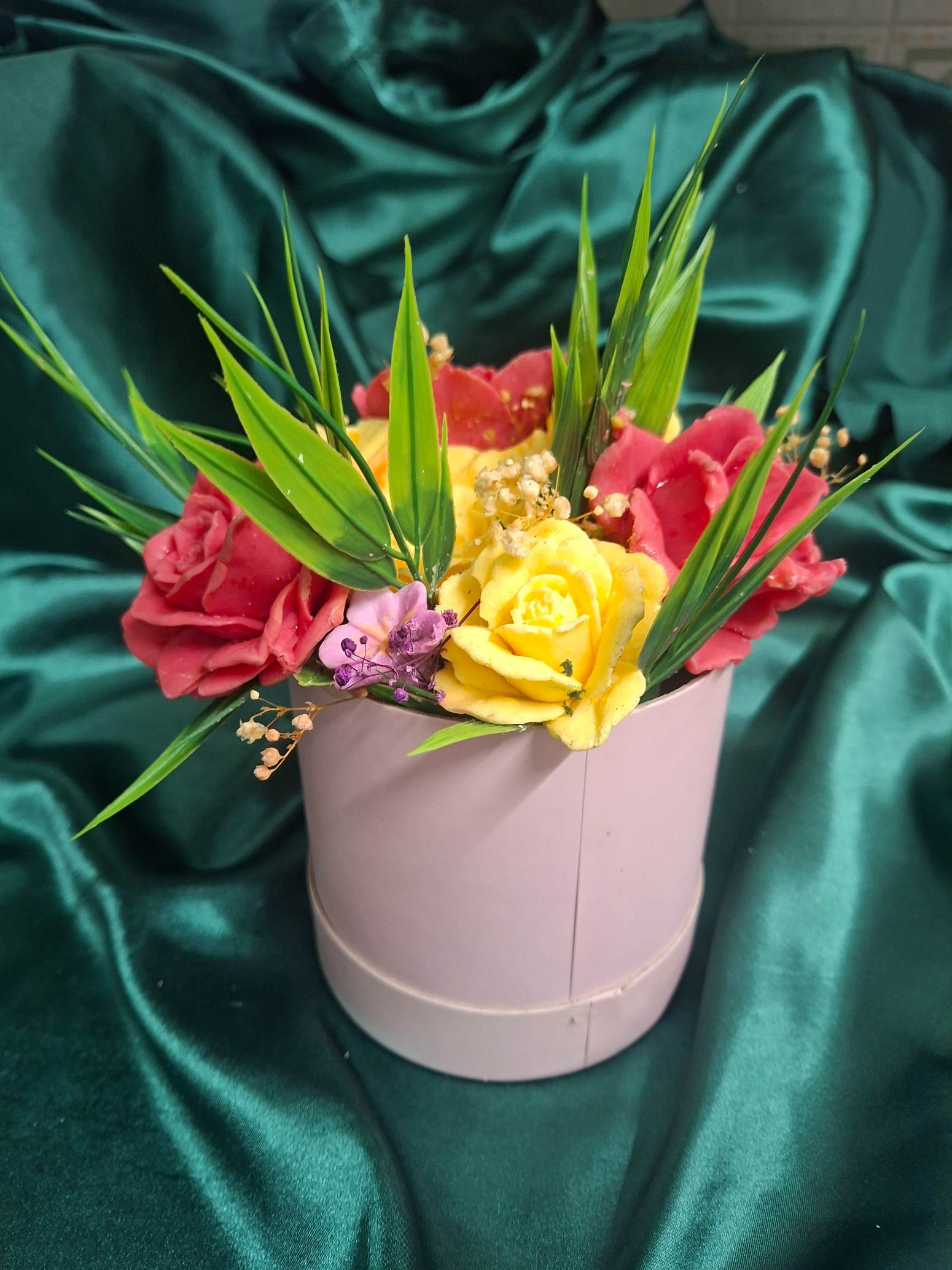 Vibrant Flower Box Arrangement In Soft Pink Round Box