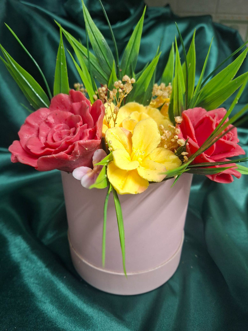 Vibrant Flower Box Arrangement In Soft Pink Round Box