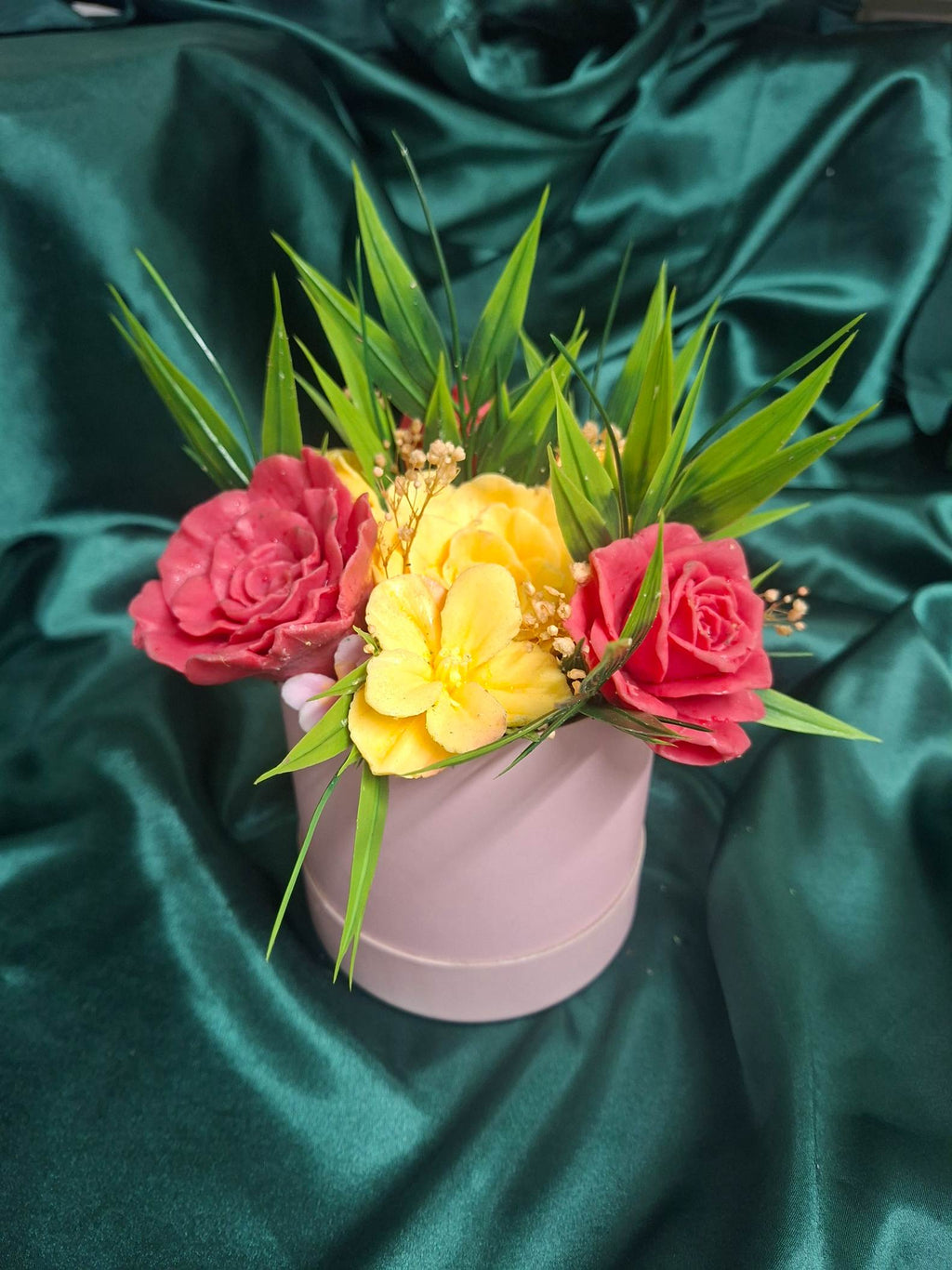 Vibrant Flower Box Arrangement In Soft Pink Round Box