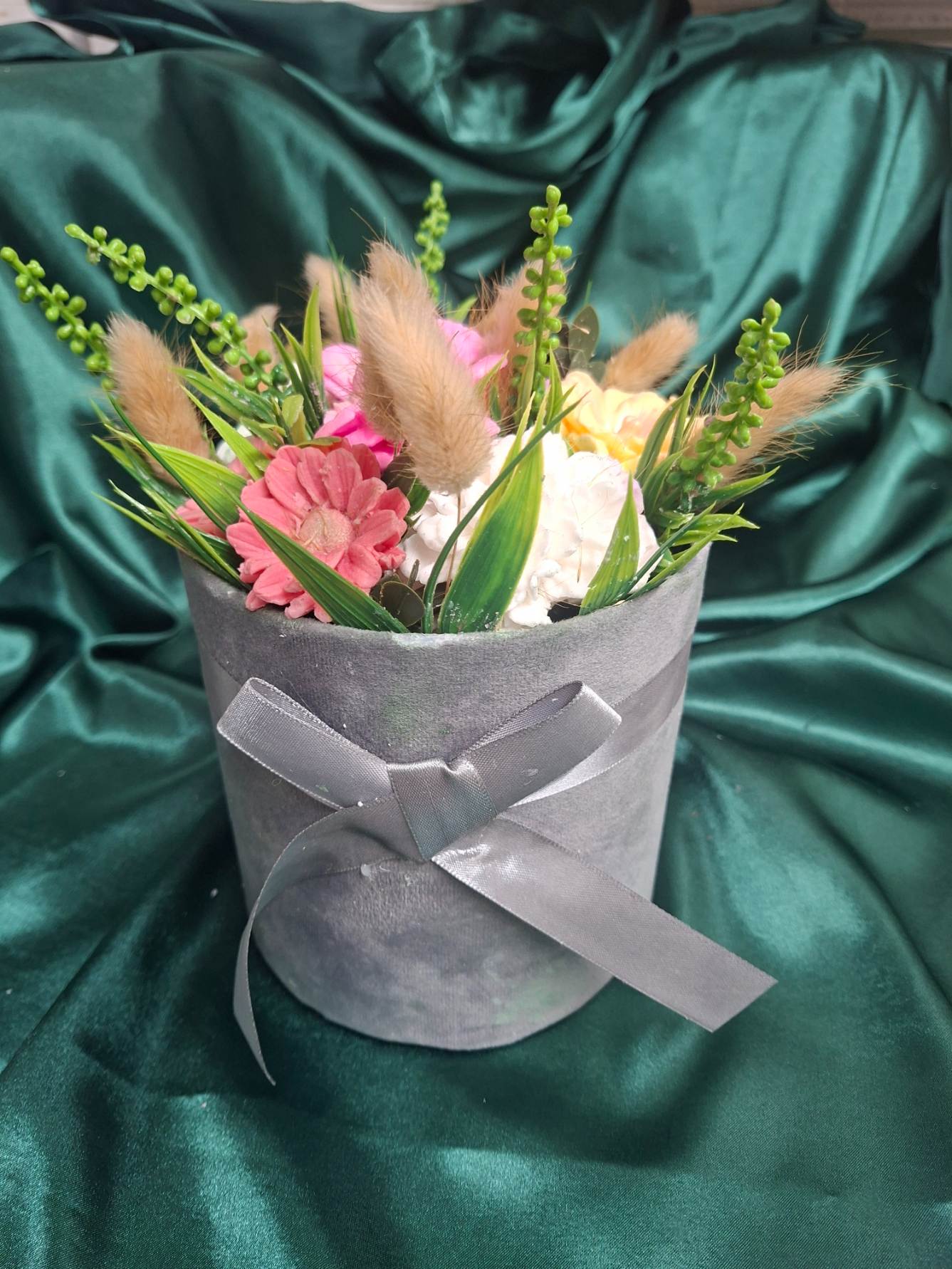 Gray Flower Box Arrangement With Artificial Pink White Yellow Blooms And Ribbon