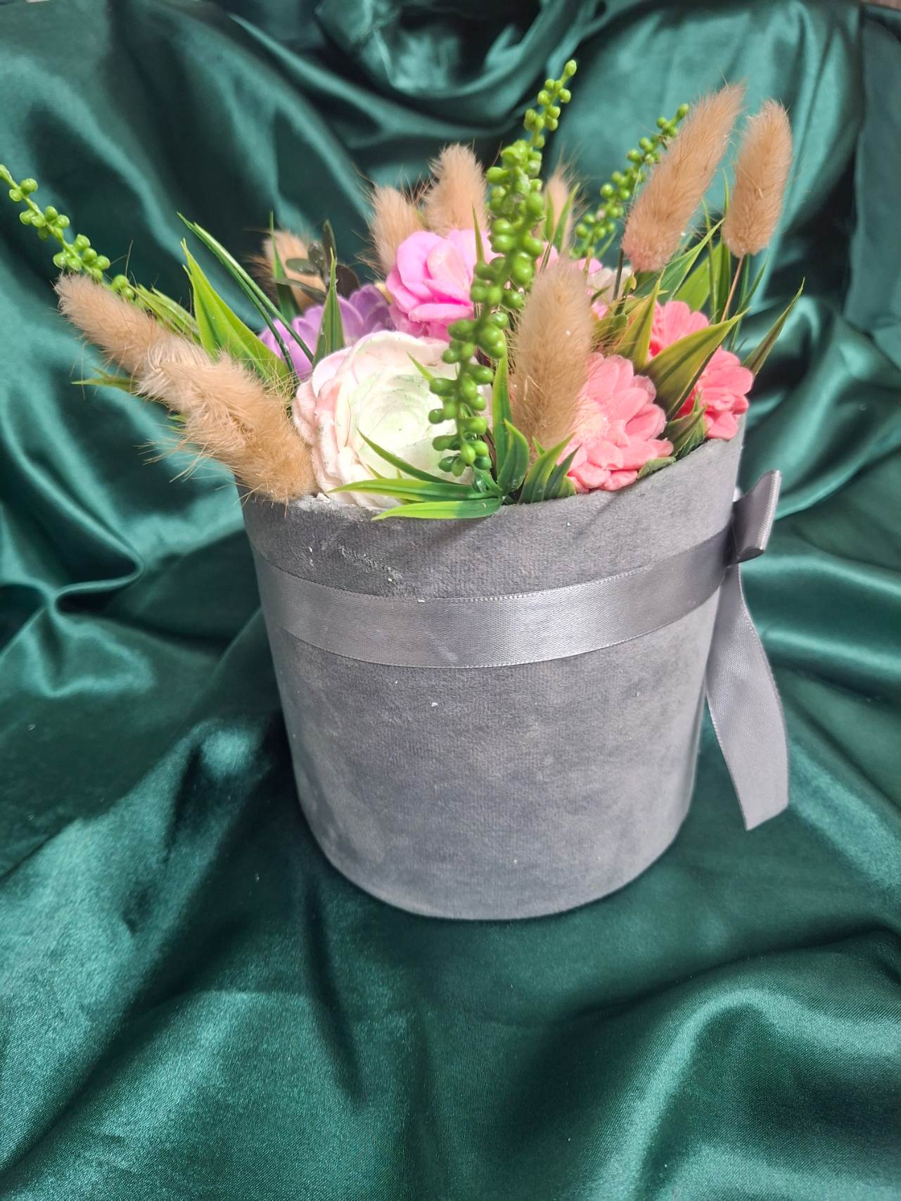 Gray Flower Box Arrangement With Artificial Pink White Yellow Blooms And Ribbon