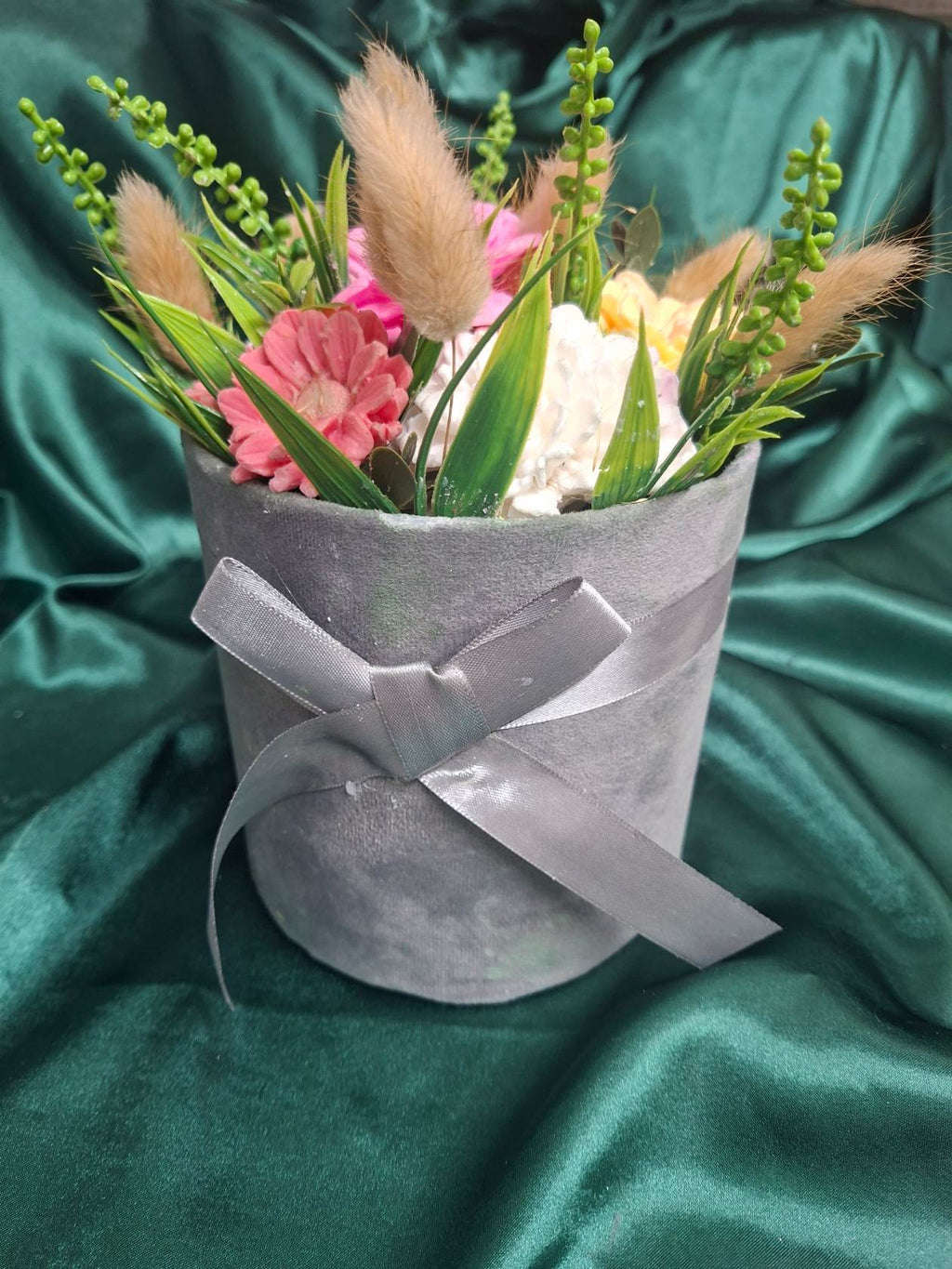 Gray Flower Box Arrangement With Artificial Pink White Yellow Blooms And Ribbon