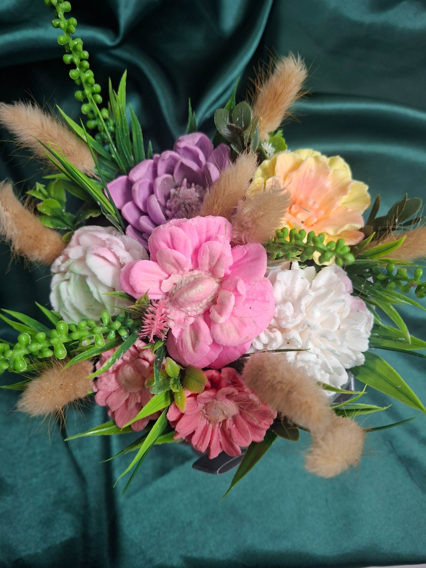 Gray Flower Box Arrangement With Artificial Pink White Yellow Blooms And Ribbon