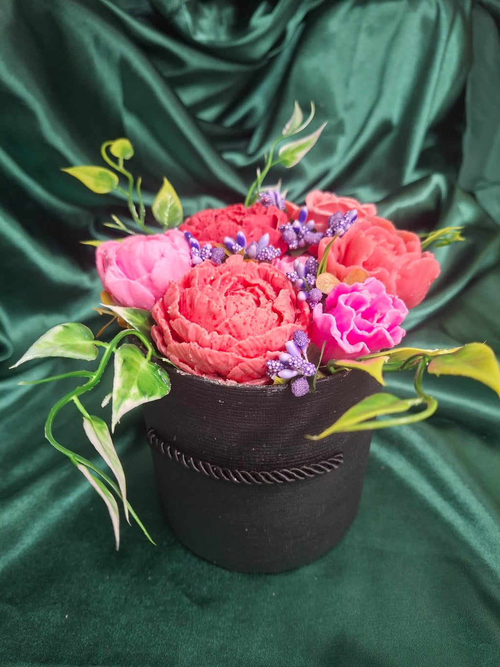 Black Hat Box Floral Arrangement Gift With Pink Peonies And Purple Accents