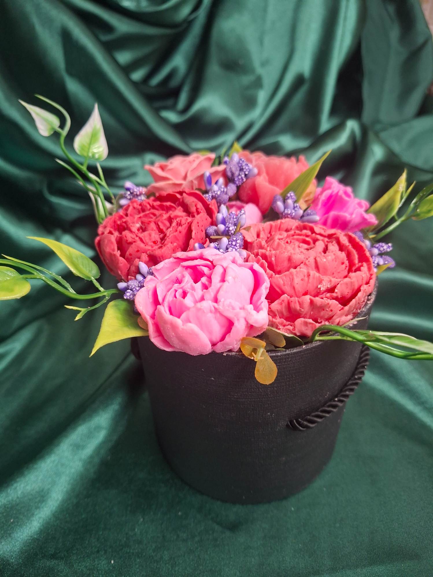 Black Hat Box Floral Arrangement Gift With Pink Peonies And Purple Accents