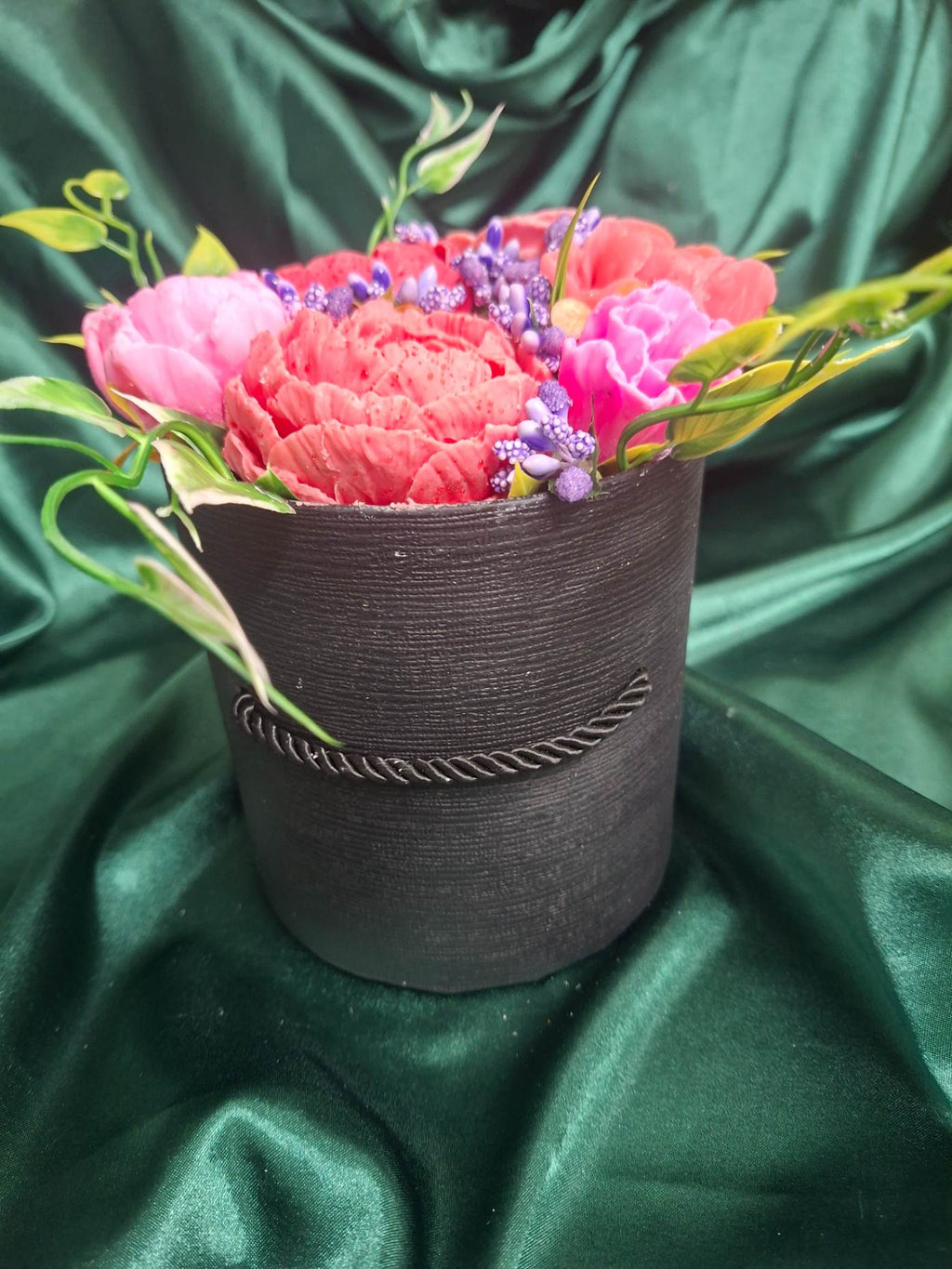 Black Hat Box Floral Arrangement Gift With Pink Peonies And Purple Accents