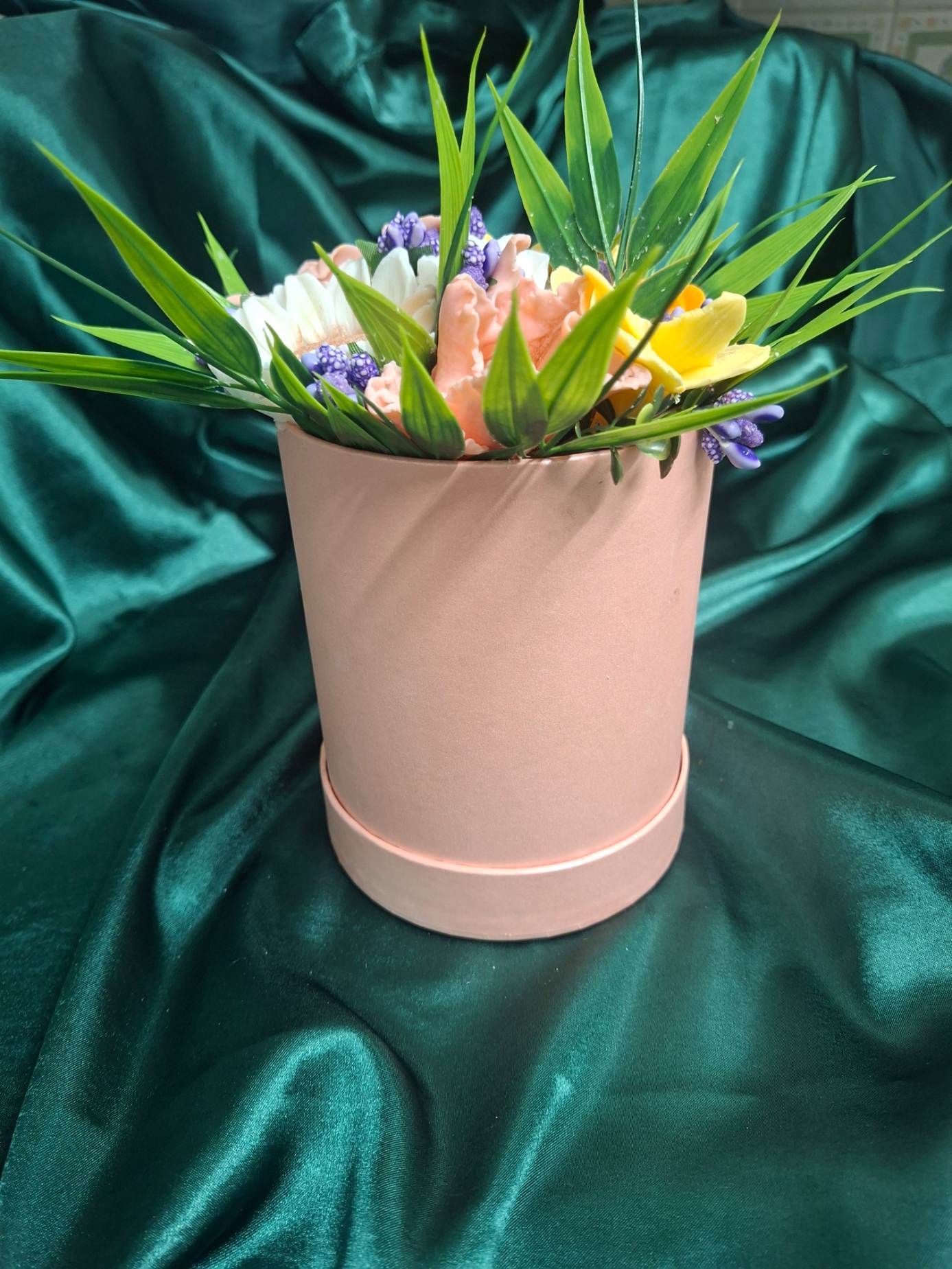 Pink Cylindrical Flower Box Arrangement With Fresh Cut Blooms