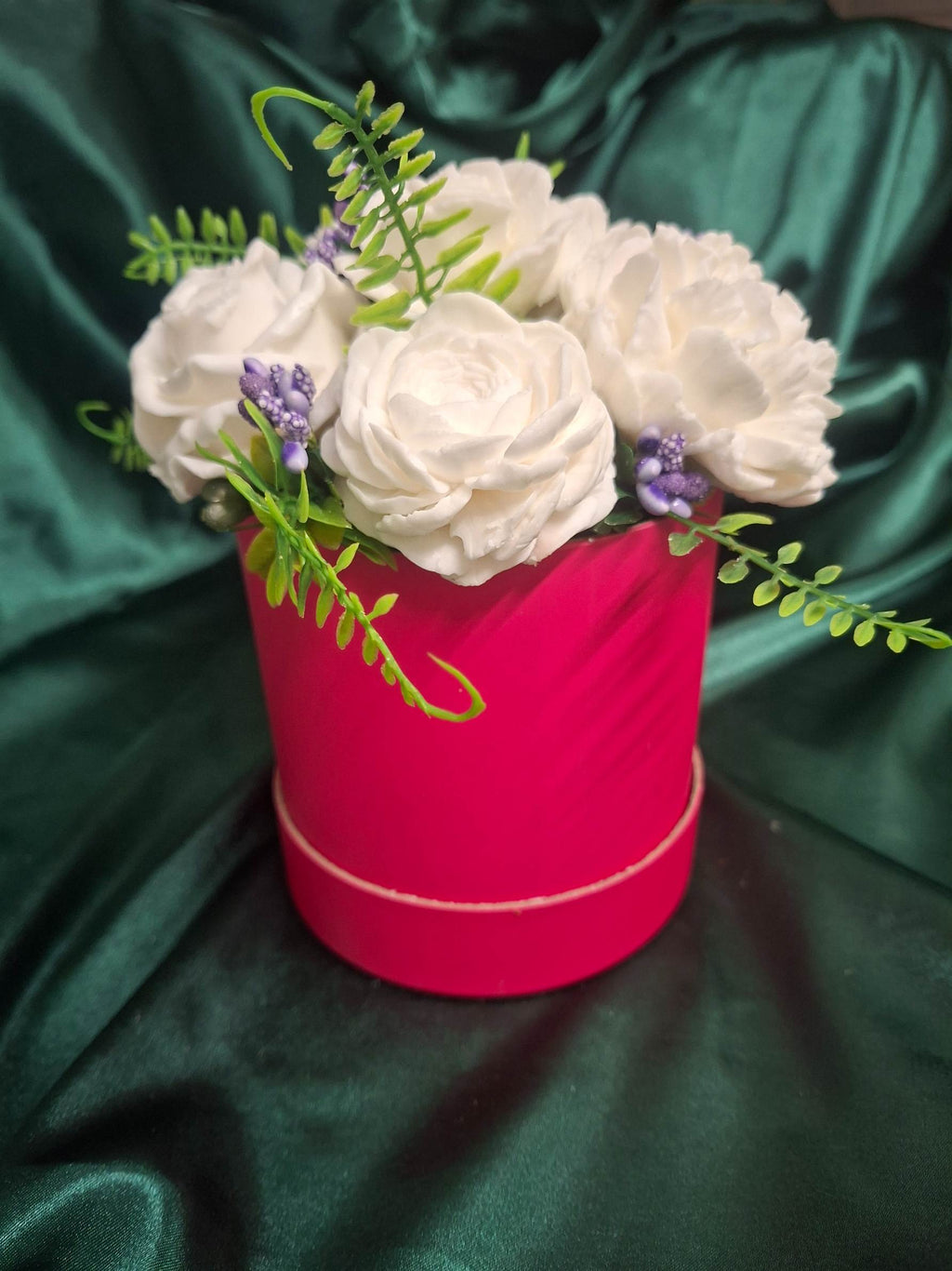 Artificial White Flower Box Arrangement In Bright Pink Cylinder Vase