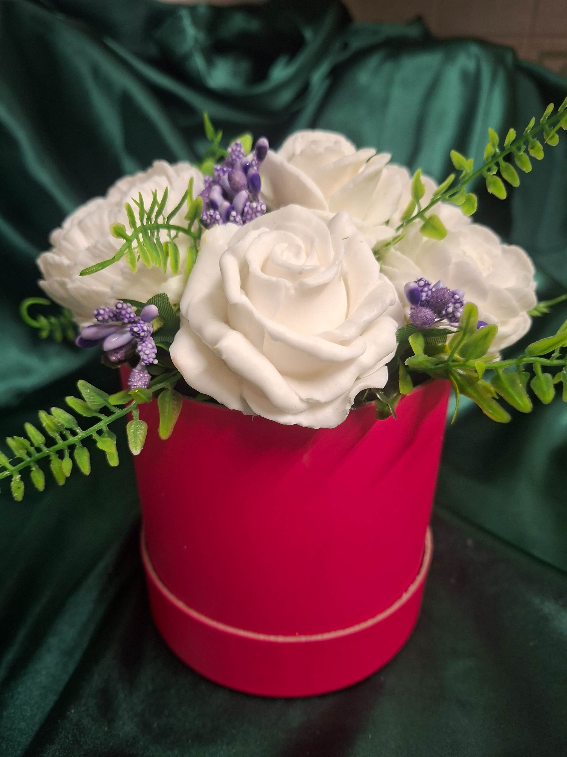 Artificial White Flower Box Arrangement In Bright Pink Cylinder Vase