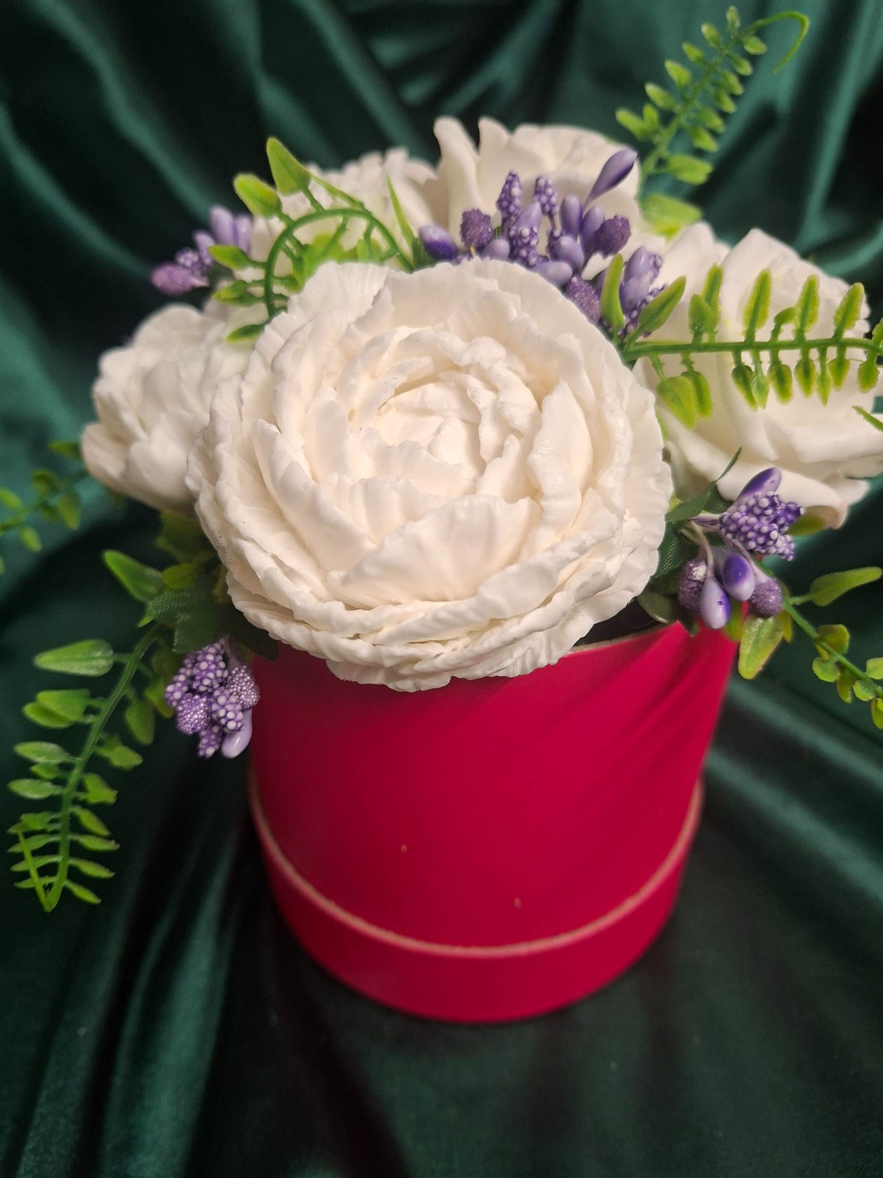 Artificial White Flower Box Arrangement In Bright Pink Cylinder Vase