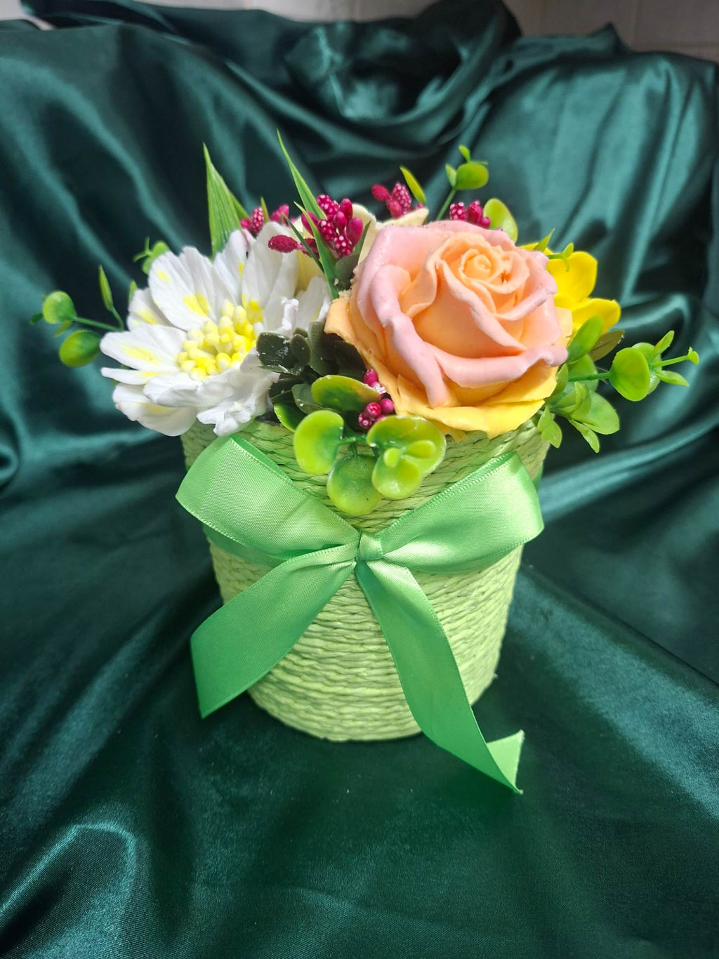 Artificial Floral Arrangement In Green Woven Basket With Ribbon Gift Box