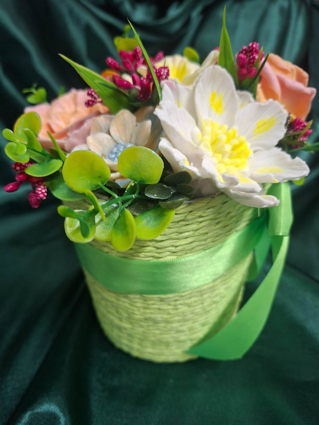 Artificial Floral Arrangement In Green Woven Basket With Ribbon Gift Box