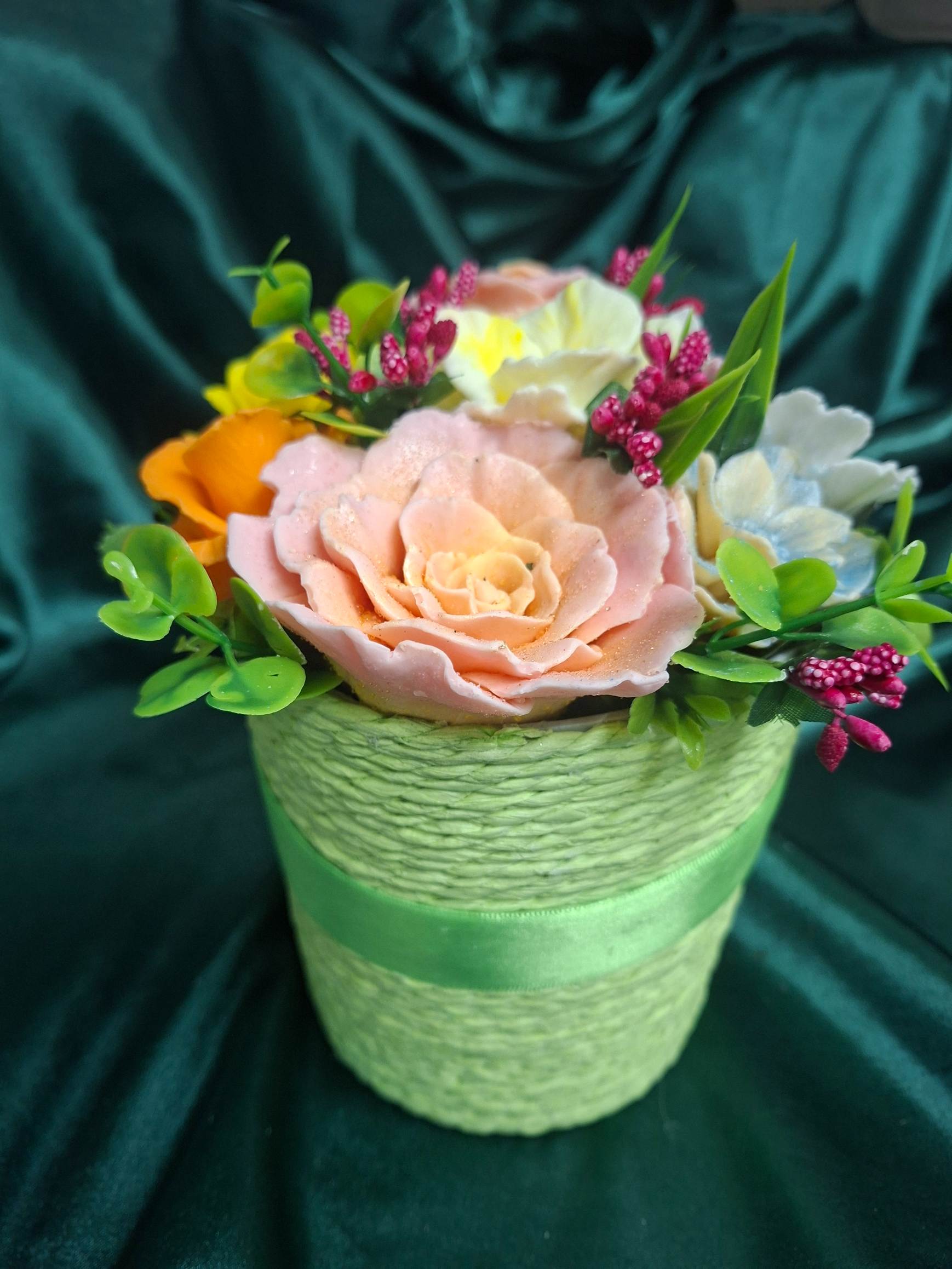 Artificial Floral Arrangement In Green Woven Basket With Ribbon Gift Box
