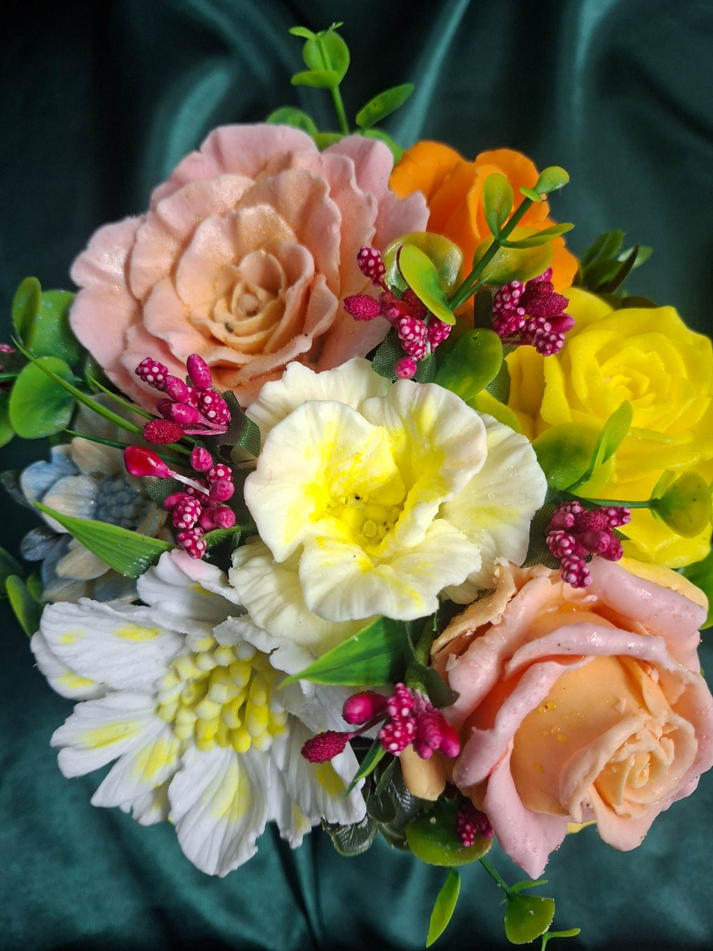 Artificial Floral Arrangement In Green Woven Basket With Ribbon Gift Box