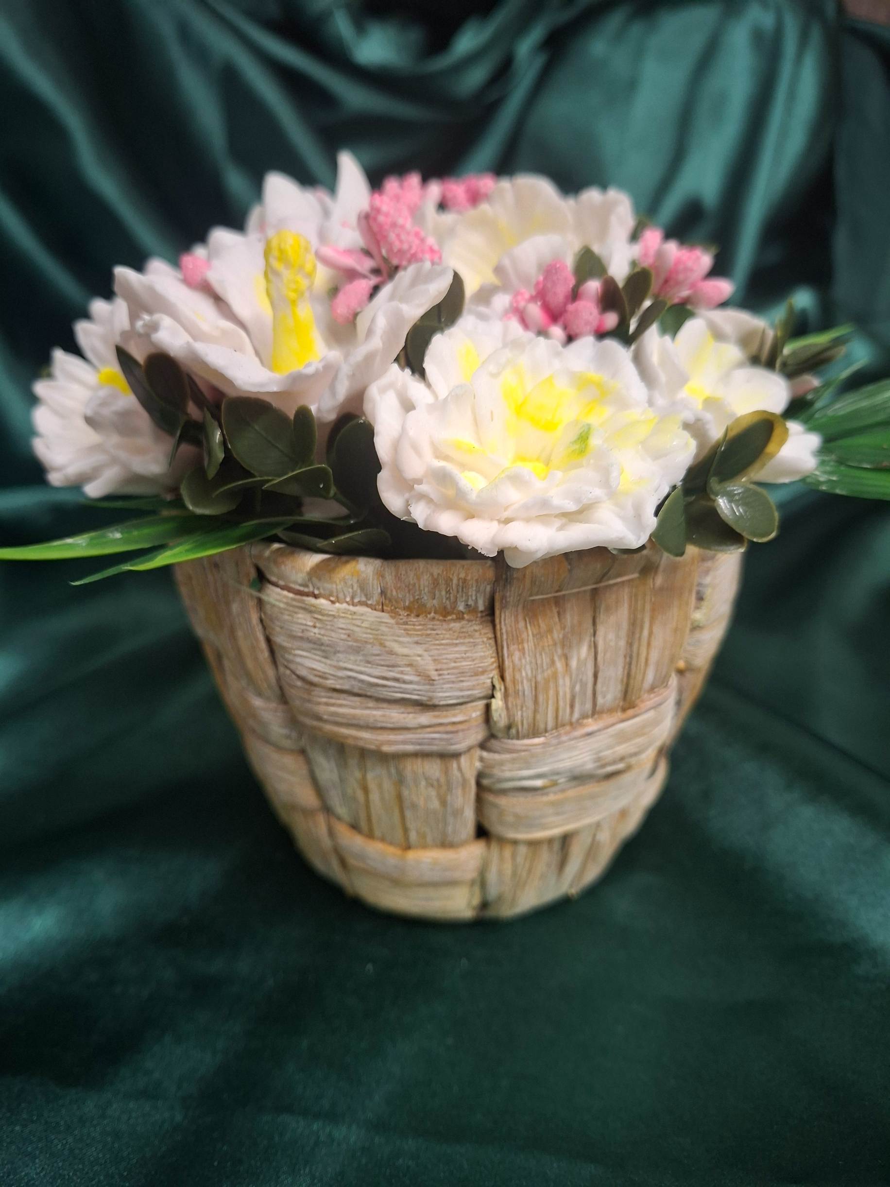 Rustic Woven Basket Artificial Flower Arrangement With White Yellow Blooms