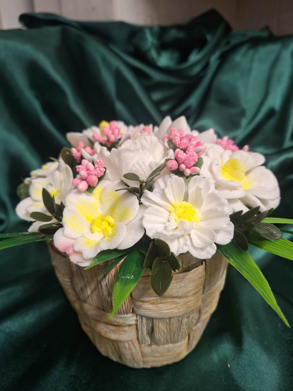 Rustic Woven Basket Artificial Flower Arrangement With White Yellow Blooms