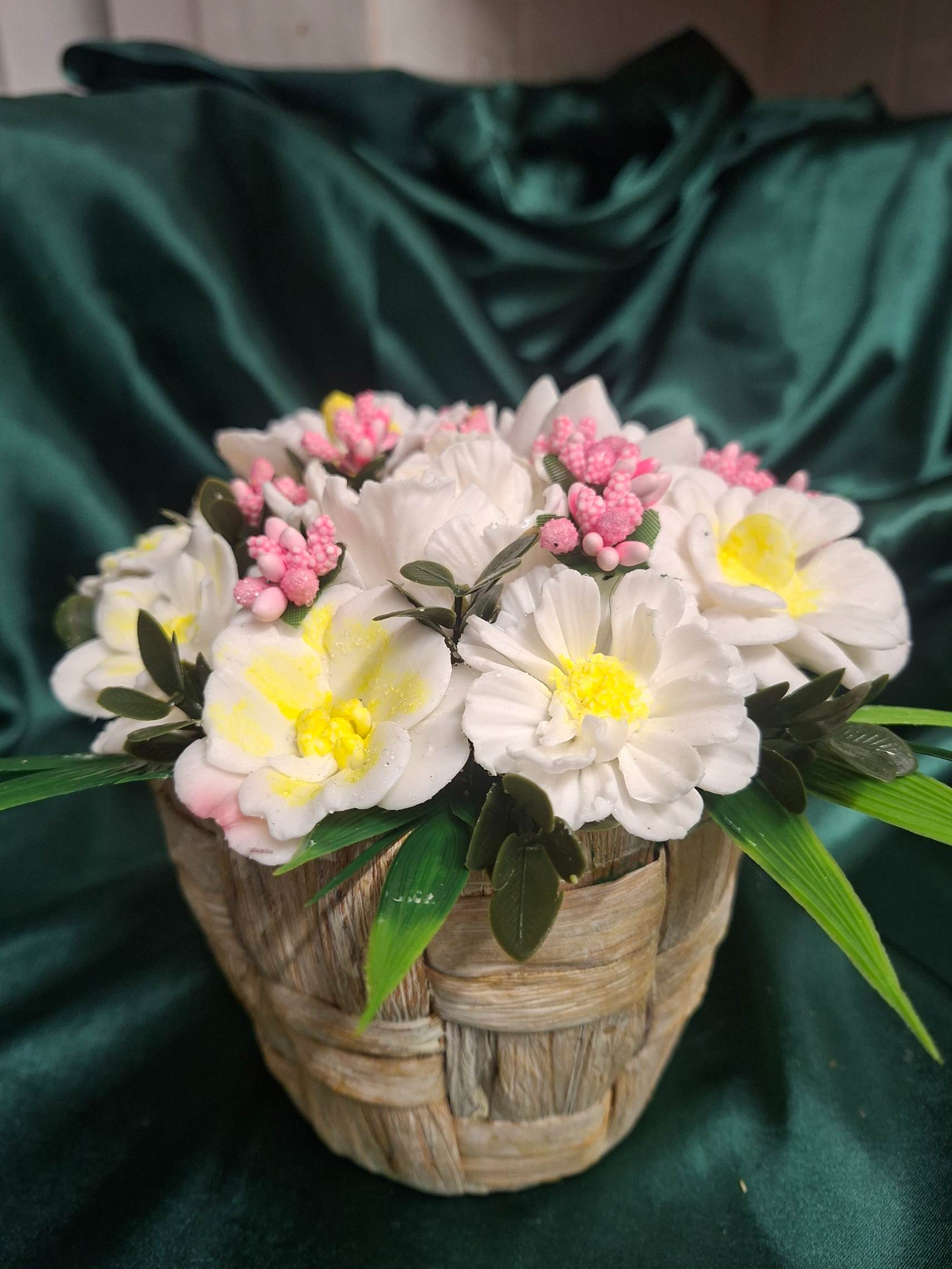 Rustic Woven Basket Artificial Flower Arrangement With White Yellow Blooms