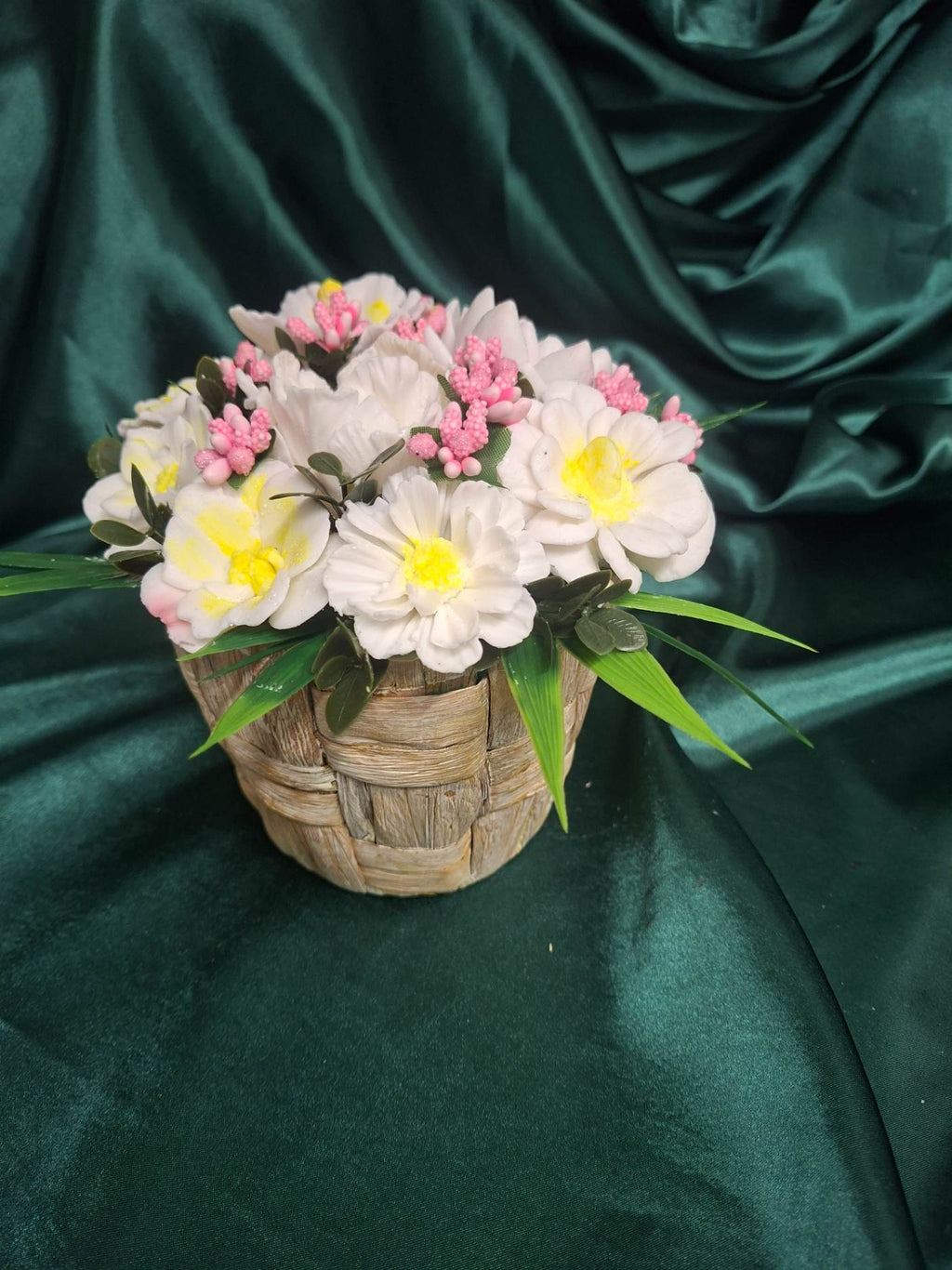Rustic Woven Basket Artificial Flower Arrangement With White Yellow Blooms