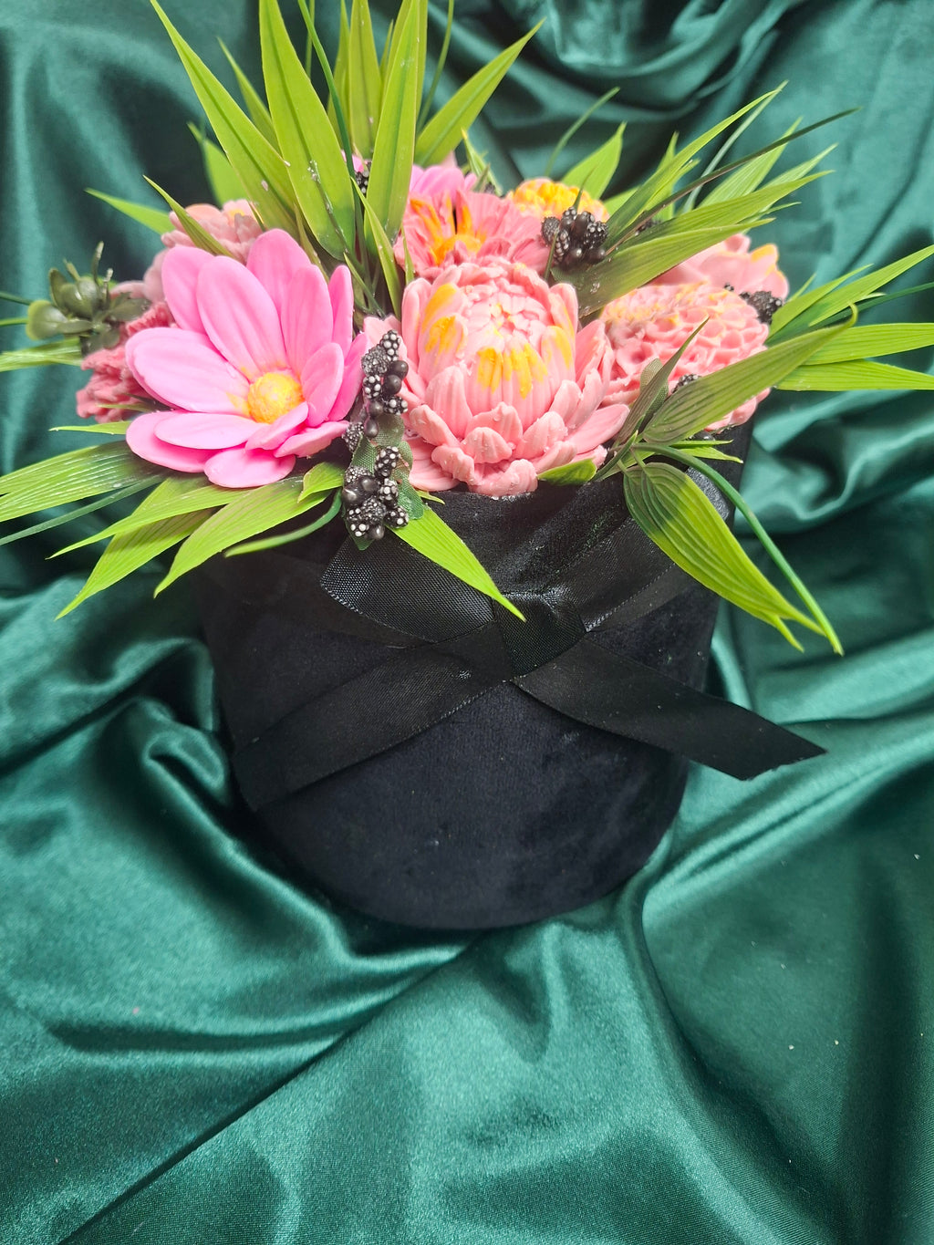 Black Velvet Flower Box Arrangement With Pink Artificial Flowers