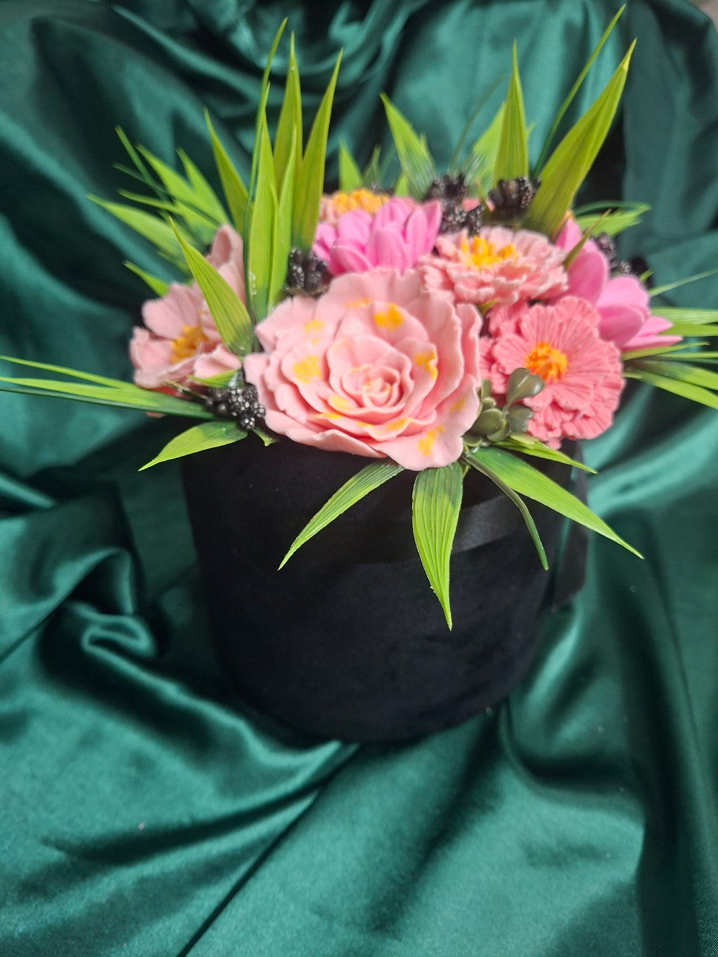 Black Velvet Flower Box Arrangement With Pink Artificial Flowers